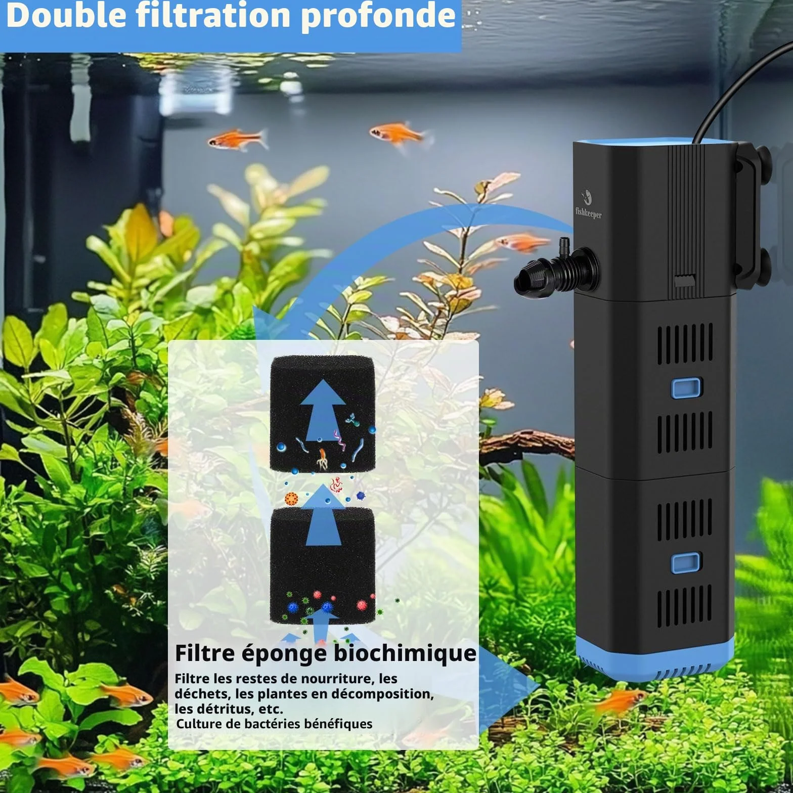 fishkeeper Filtre d'aquarium intérieur réglable 500L/H 6W 4 en 1 Pompe oxygène Machine à Ondes