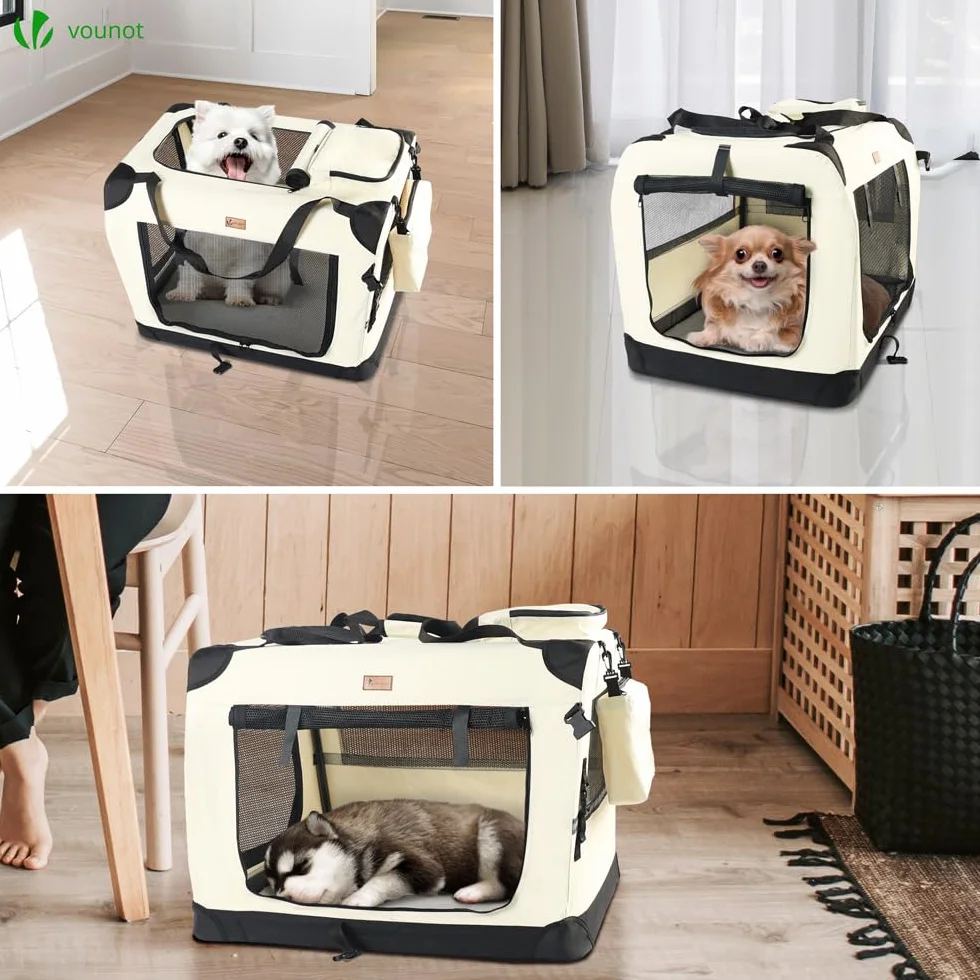 VOUNOT® Sac Transport Pliable pour Chien et Chat Caisse de Transport Respirant avec Matelas en Peluche Amovible Porté par Main/Bandoulière Idéal pour Animaux Domestiques M Beige