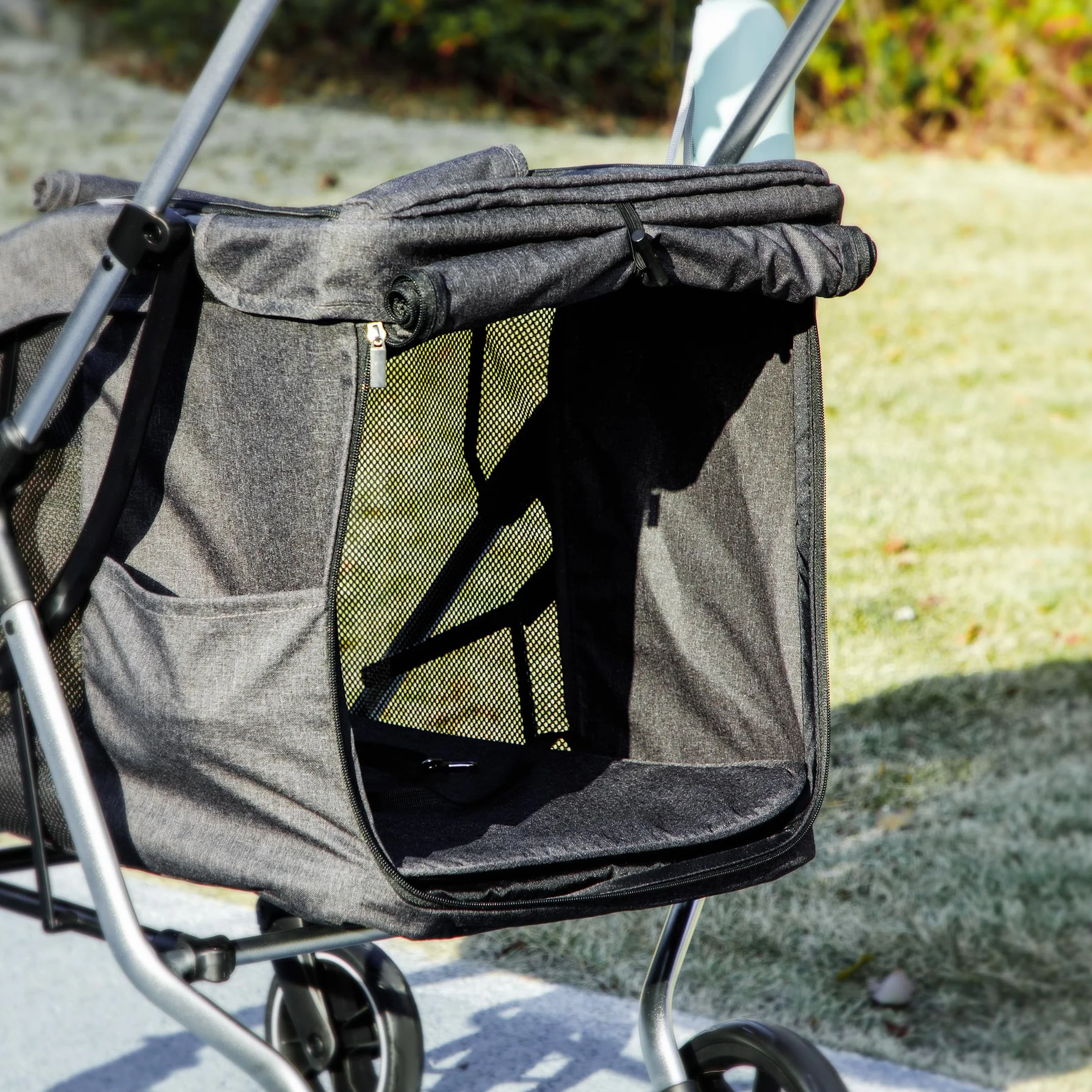 PawHut Poussette buggy pliable pour chien, porte-gobelets, laisse de sécurité, roues 360°, fenêtre à mailles, alliage d'aluminium, chariot chien chat petit miniature gris