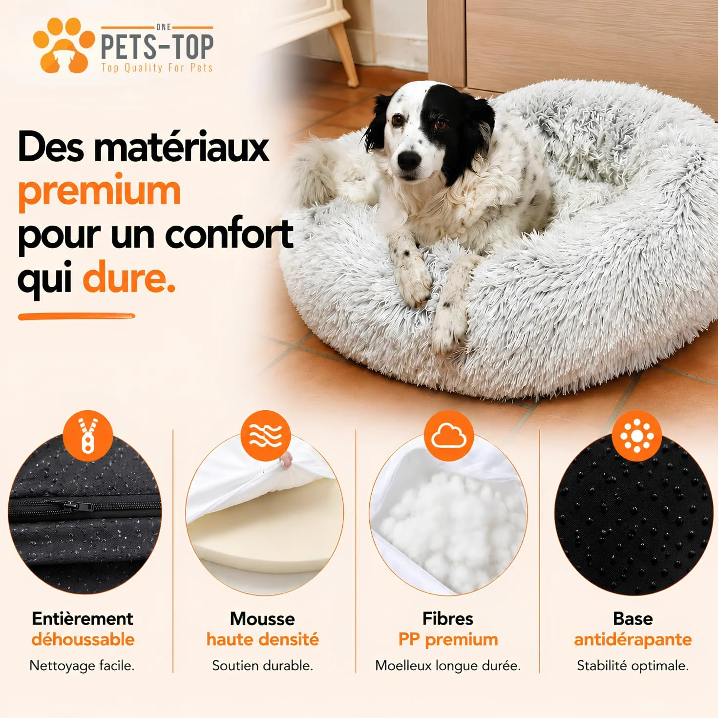 PETS-TOP Panier Chien Rond Lavable 60cm Gris Anti Stress