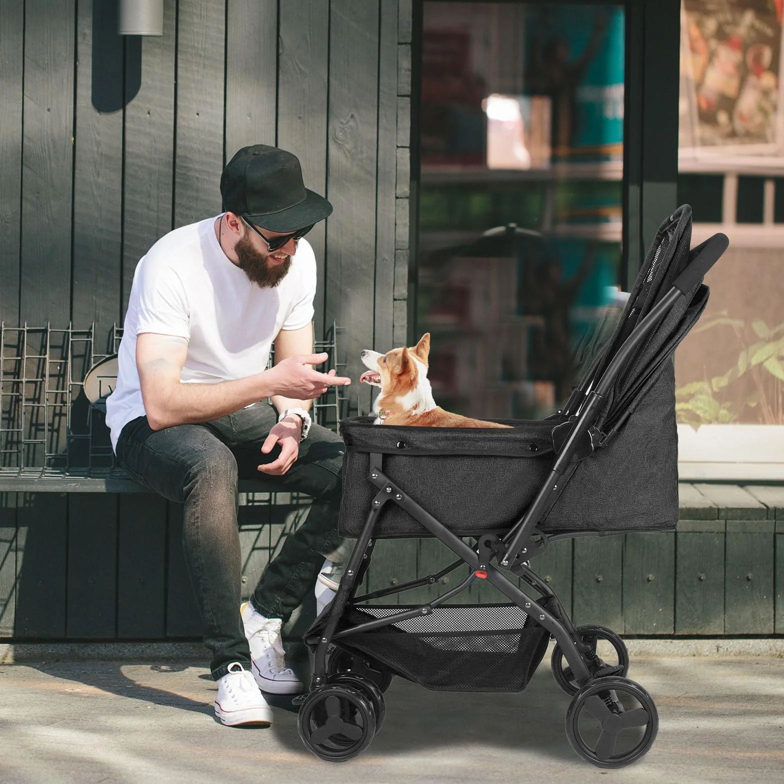 Poussette pliable pour animal de compagnie noir 4 roues avec panier de rangement et roue avant 360° frein