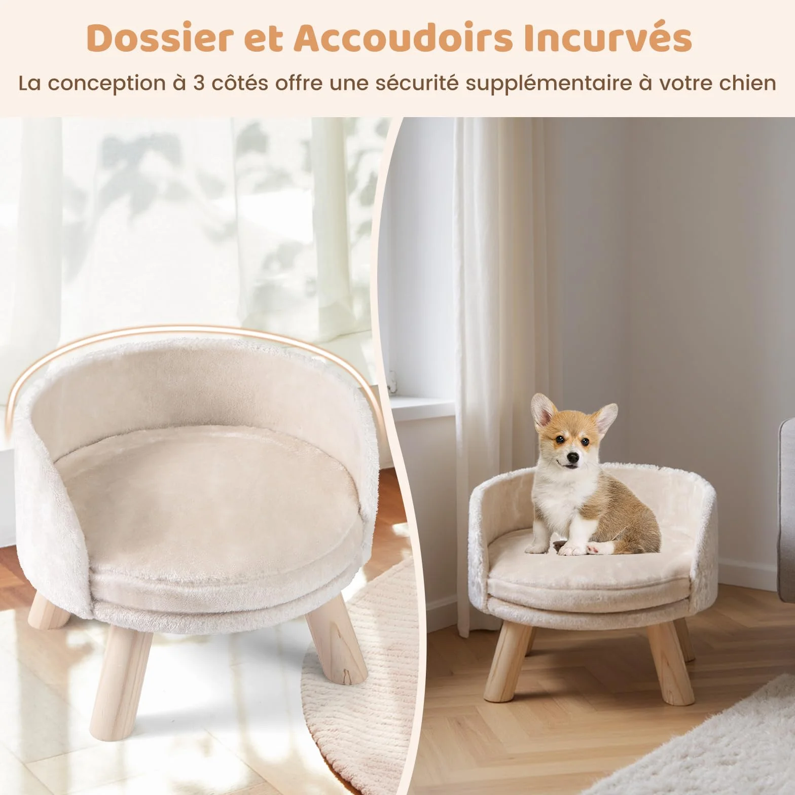 COSTWAY Canapé Lit pour Chien Chat 30 kg, Coussin Amovible, Bois de Pin, 42 x 42 x 33 cm, Beige