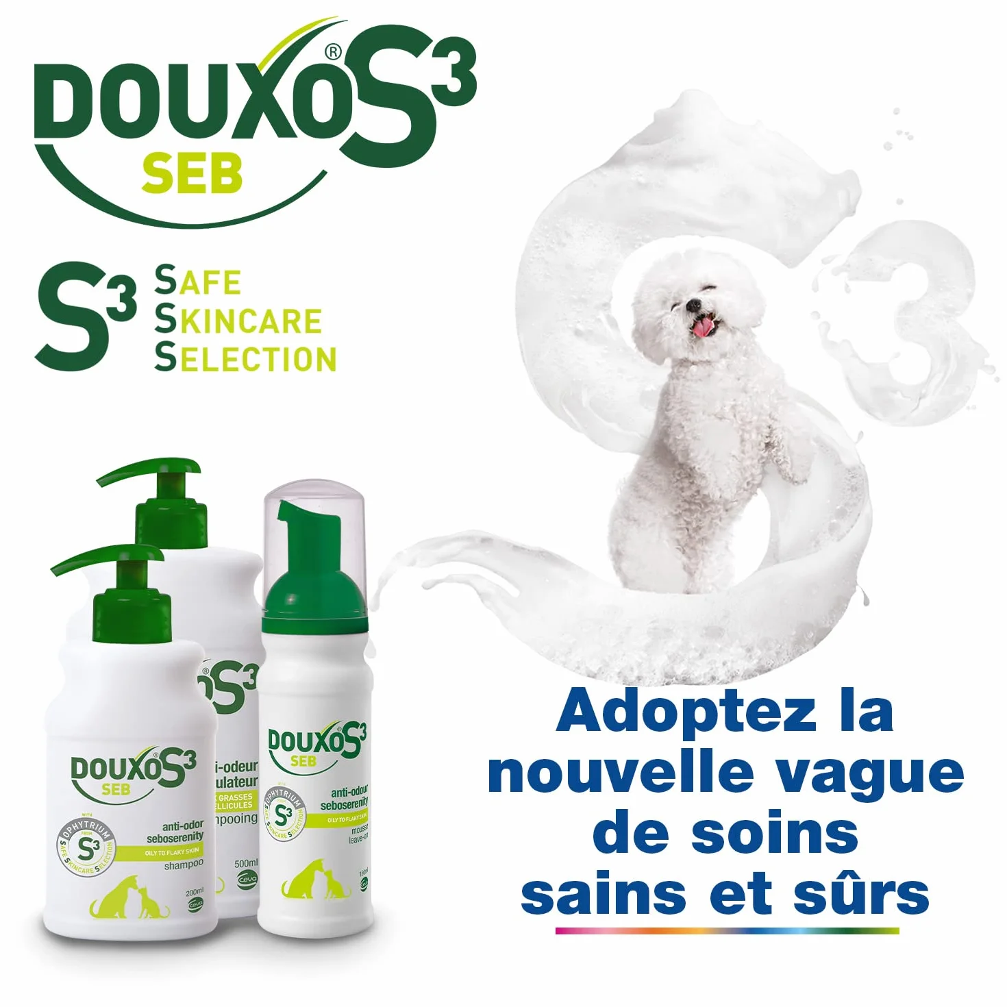 DOUXO S3 SEB Shampooing Anti-Odeur et séborégulateur, pour Chiens et Chats avec des pellicules, Poils Gras et Mauvaises odeurs pour Chiens et Chats, 500ml