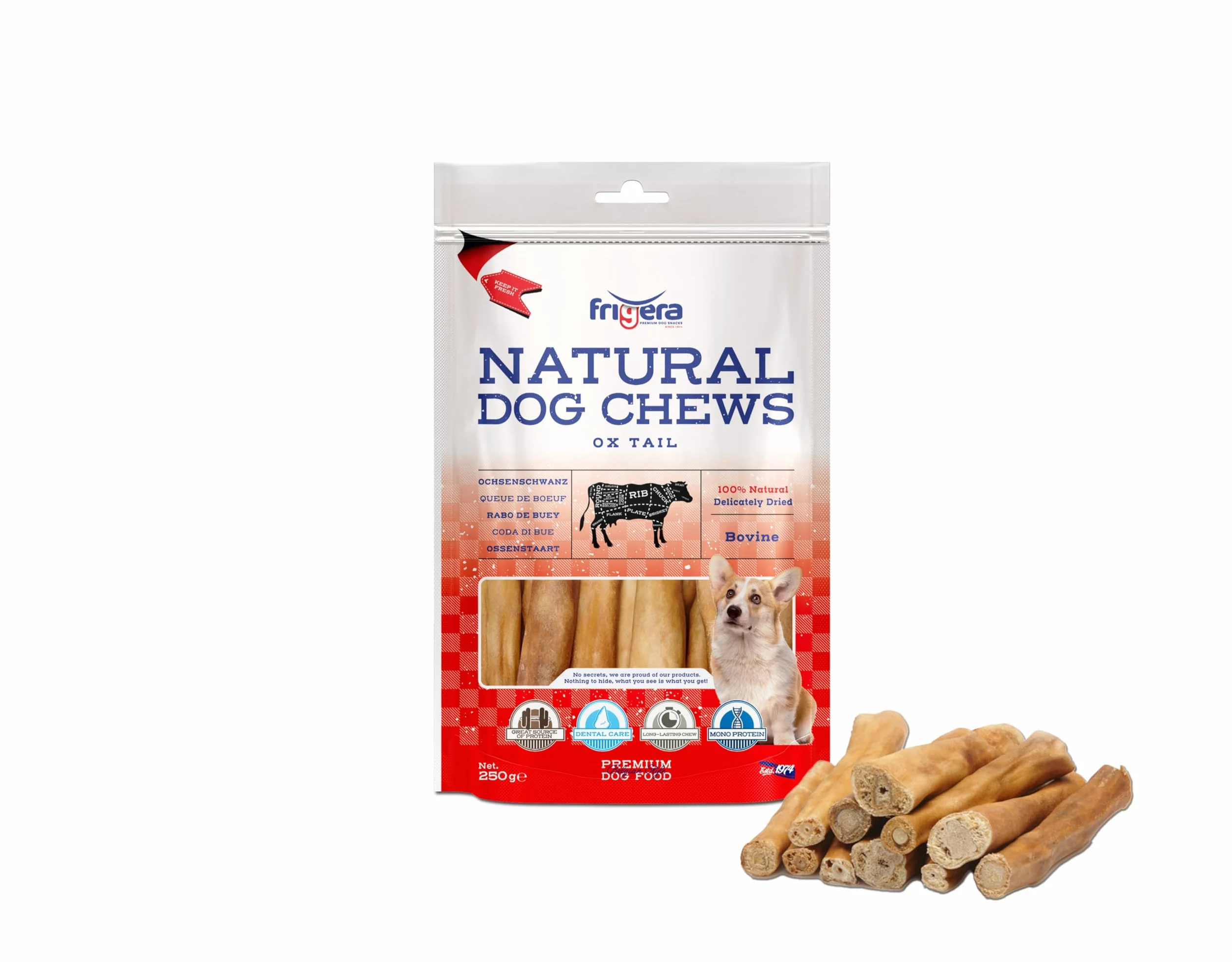 Frigera Queue de Bœuf 250g Friandises Naturelles Riches en protéines pour Chiens sans Gluten ni céréales