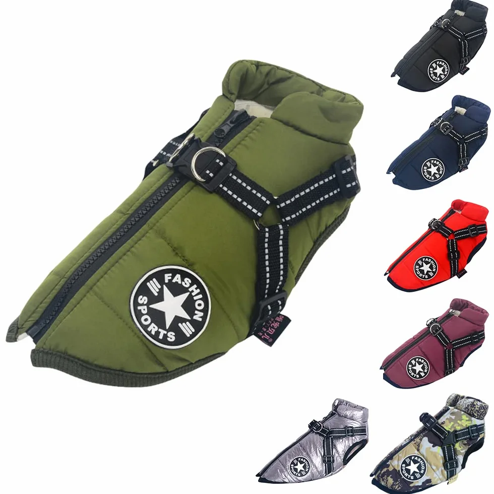 Gilet pour Chien - Manteau imperméable - avec Harnais - pour Hiver Chaud et Doux - 12 Couleurs - Vert M