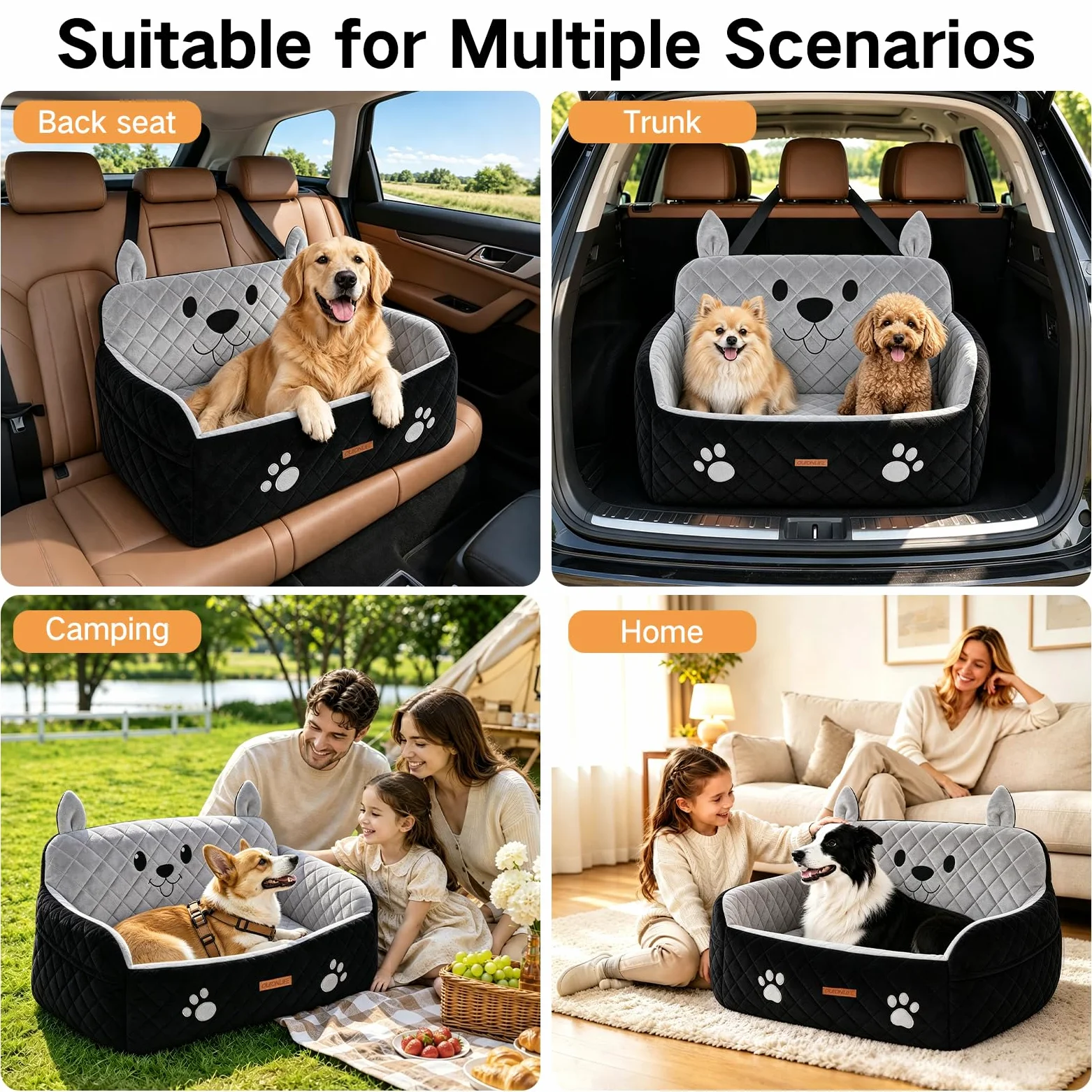 Siège Auto Grand Chien Jusqu’à 25 kg ou 2 Petits Chiens | Mousse Haute Densité, Peluche Ultra-Douce, Housse Amovible Lavable, 2 Sangles de Sécurité et Poches, pour Banquette Arrière