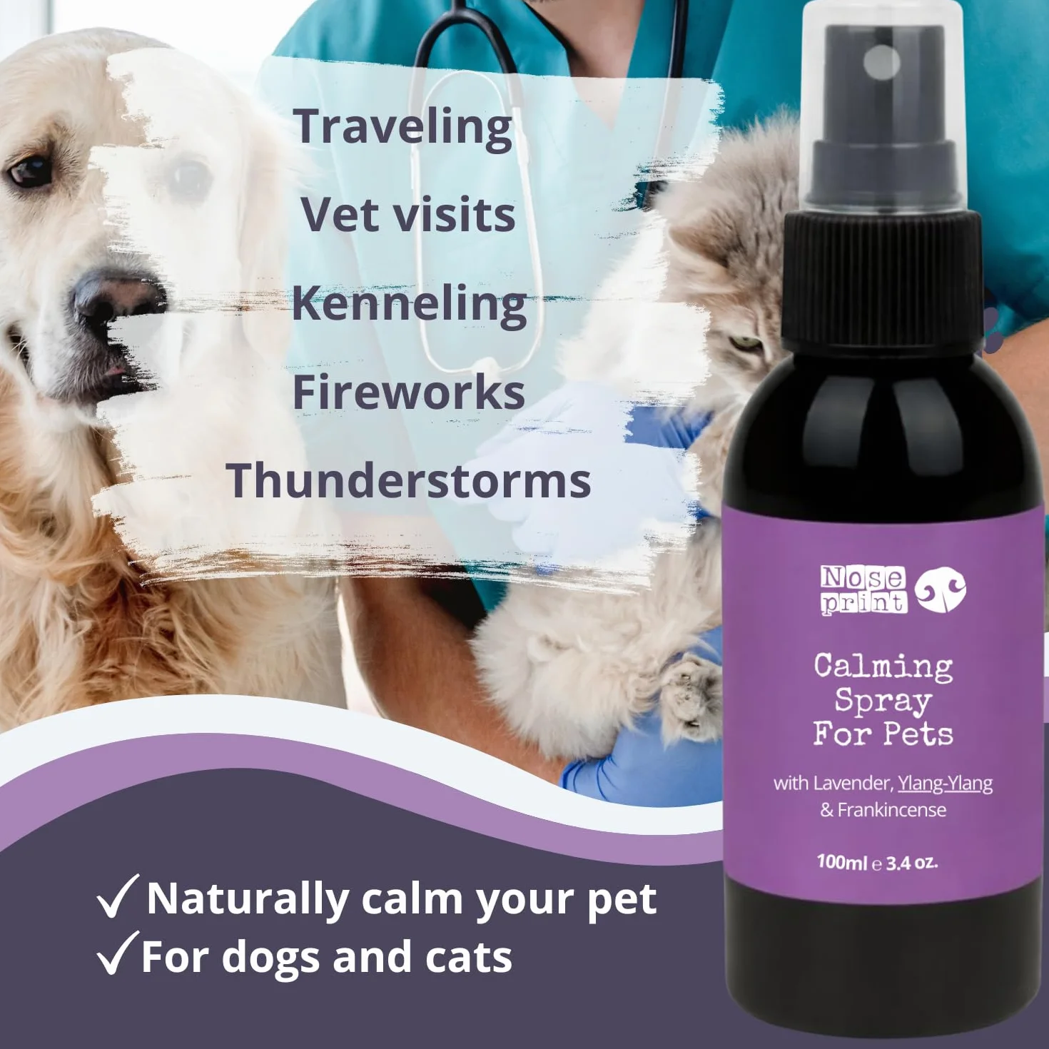Spray apaisant naturel pour chiens et chats lavande ylang-ylang encens 100 ml