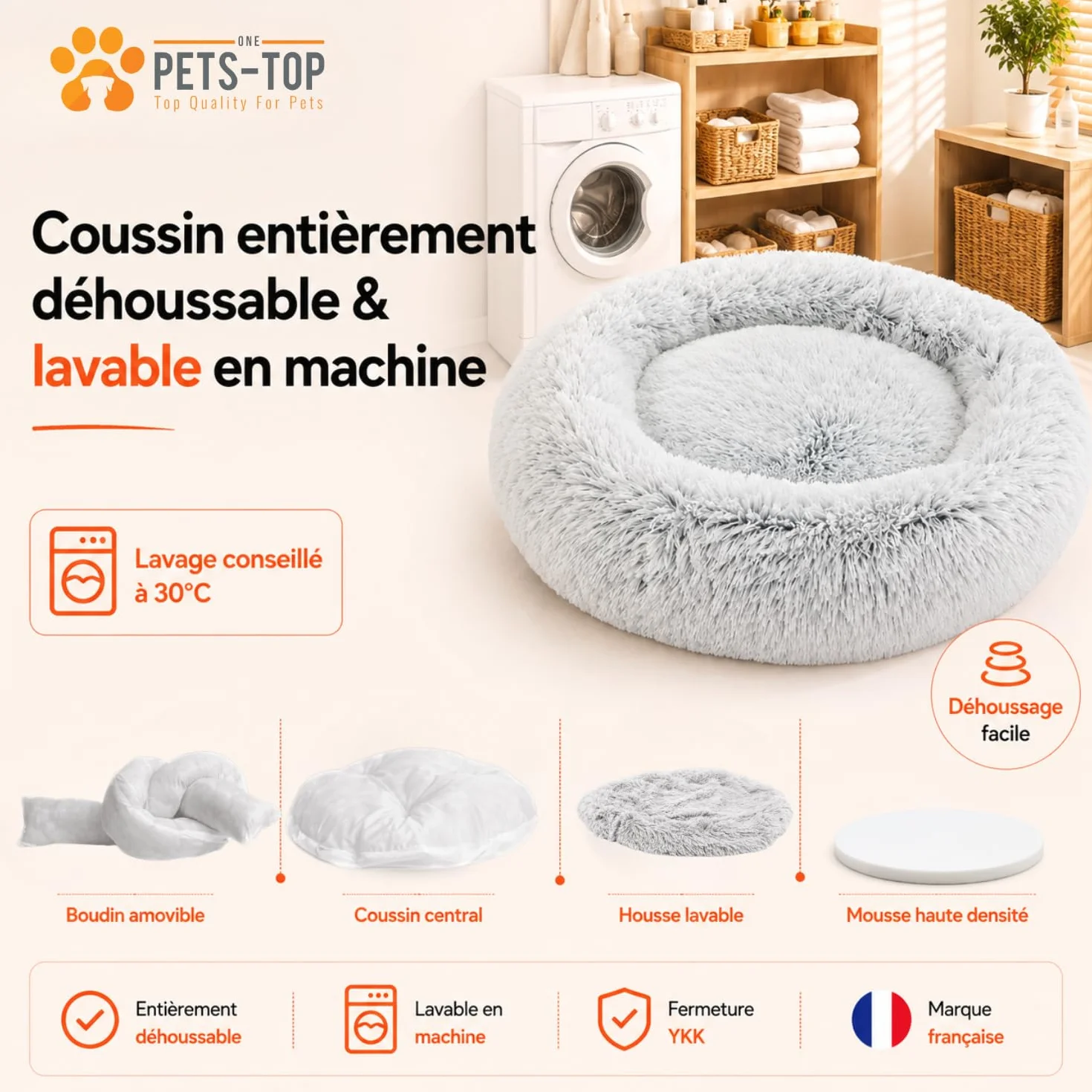 PETS-TOP Panier Chien Rond Lavable 60cm Gris Anti Stress