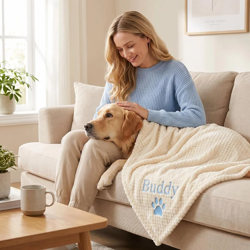 Couverture Personnalisée pour Chien avec Nom et Empreinte, Protection Canapé Fauteuil