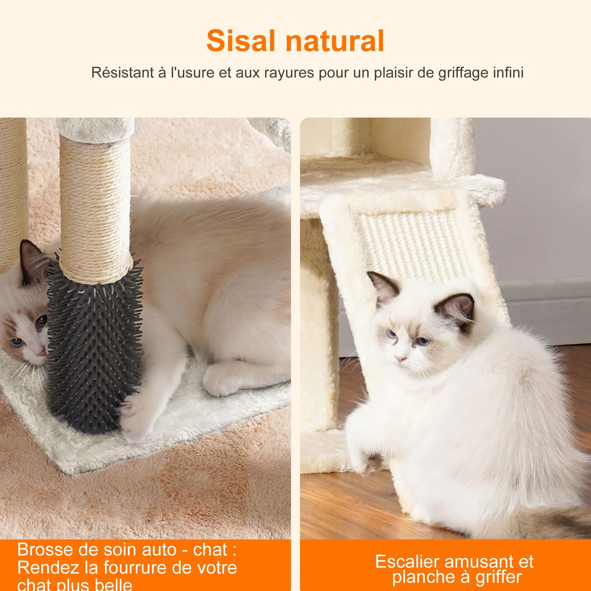 Heybly Arbre à Chat, Brosse de Nettoyage Automatique, Arbre à Chat Domestique Robuste avec Peluche Polie, Chaise Longue, Bac à Litière avec Panneaux et Griffoir, Beige HCT005SM