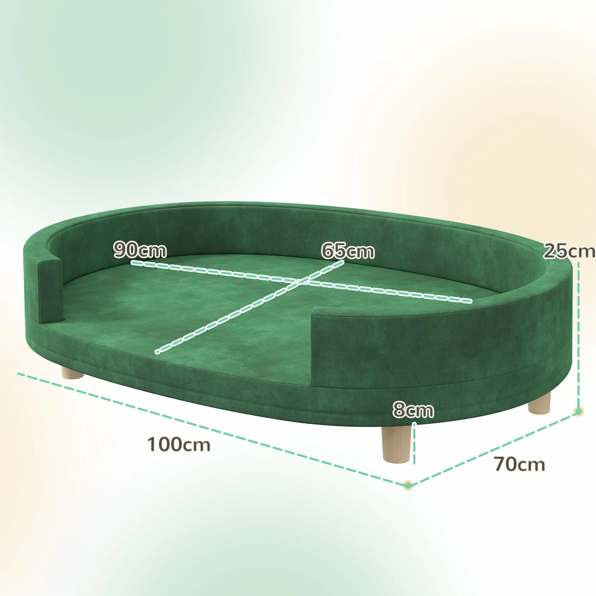 PawHut Canapé pour Chien avec Coussin Amovible, Velours Doux, Pieds Bois Massif, 100x70x25 cm, Vert