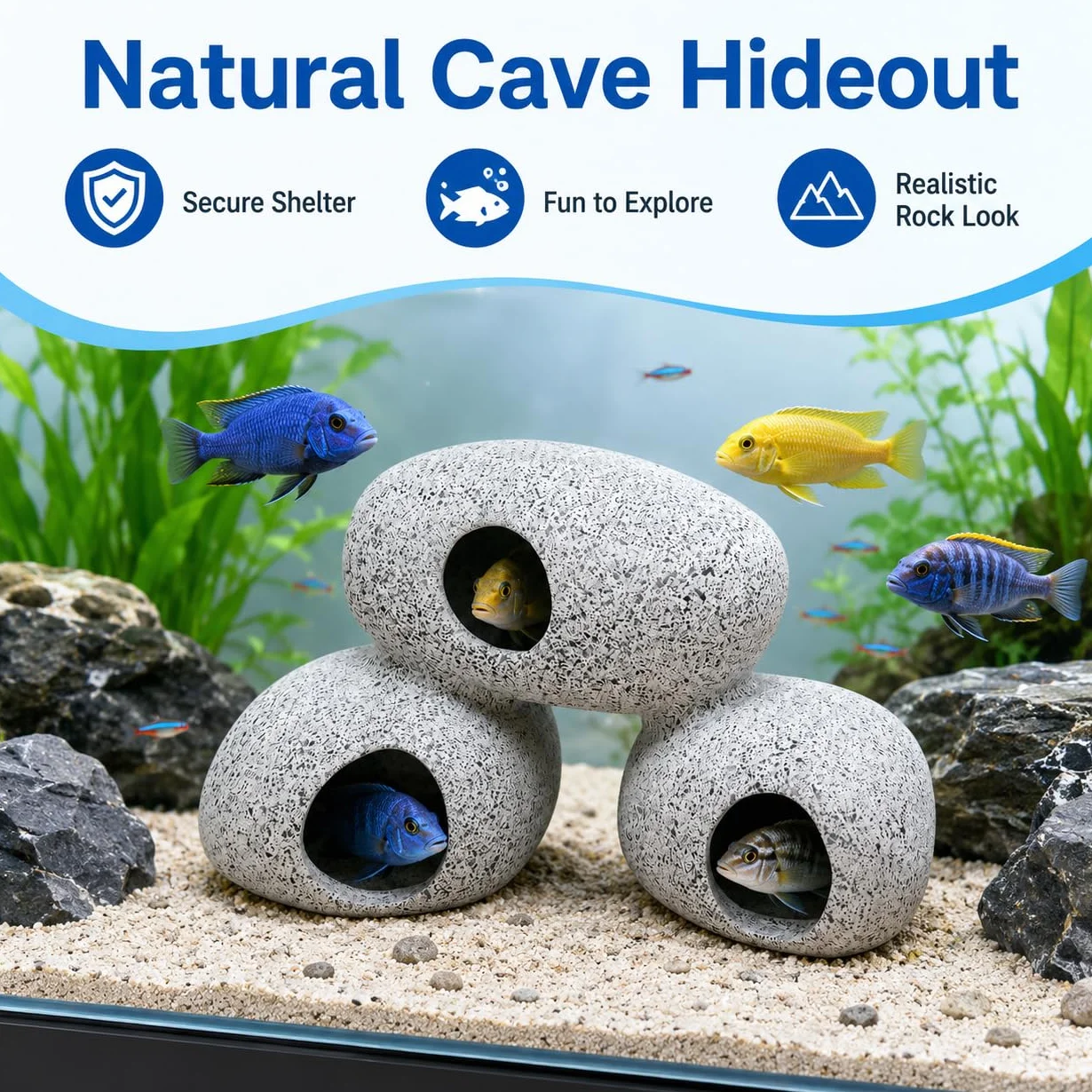 SLOCME Décoration de grottes rocheuses pour aquarium - Grottes rocheuses pour crevettes et cichlidés pour la cachette, la reproduction et le frai, les poissons peuvent nager à travers le trou de la