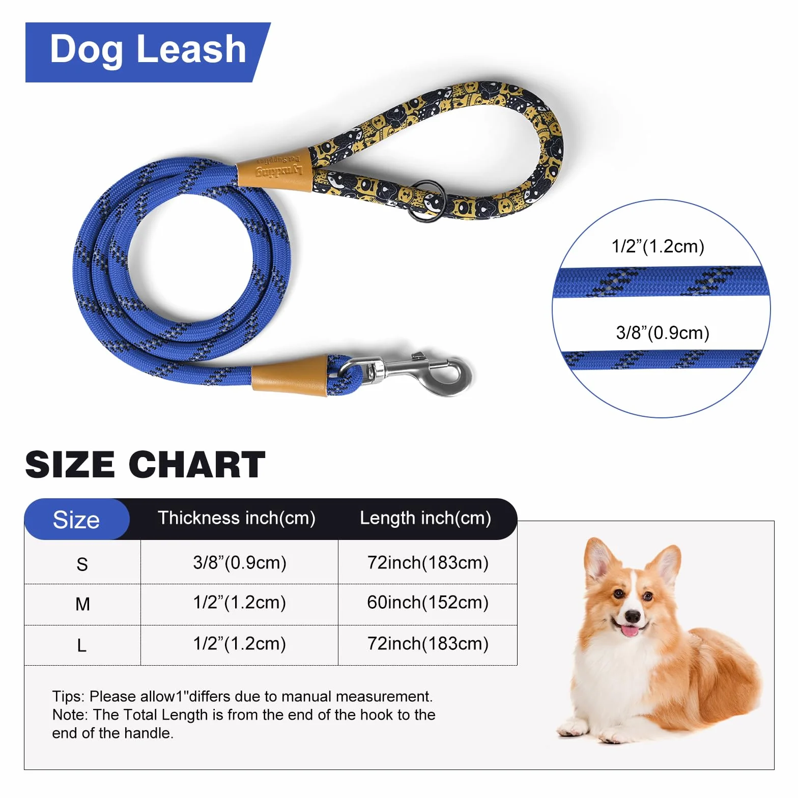Lynxking Laisse pour chien en corde 1,8 m réfléchissante avec poignée rembourrée Bleu 2 pièces