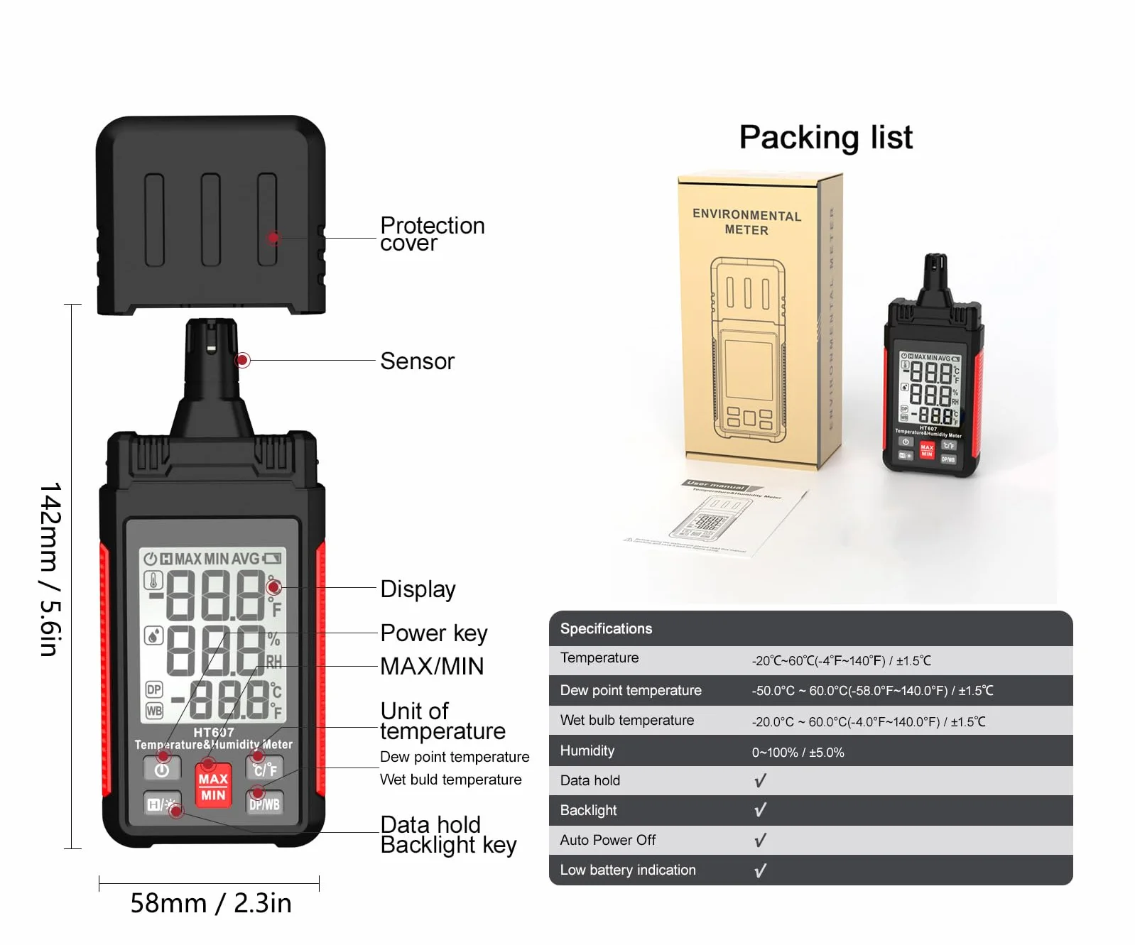 ThreeH Thermomètre hygromètre numérique à grand écran avec rétroéclairage LCD, humidité relative, point de rosée, thermomètre sphérique humide, maintien min. max
