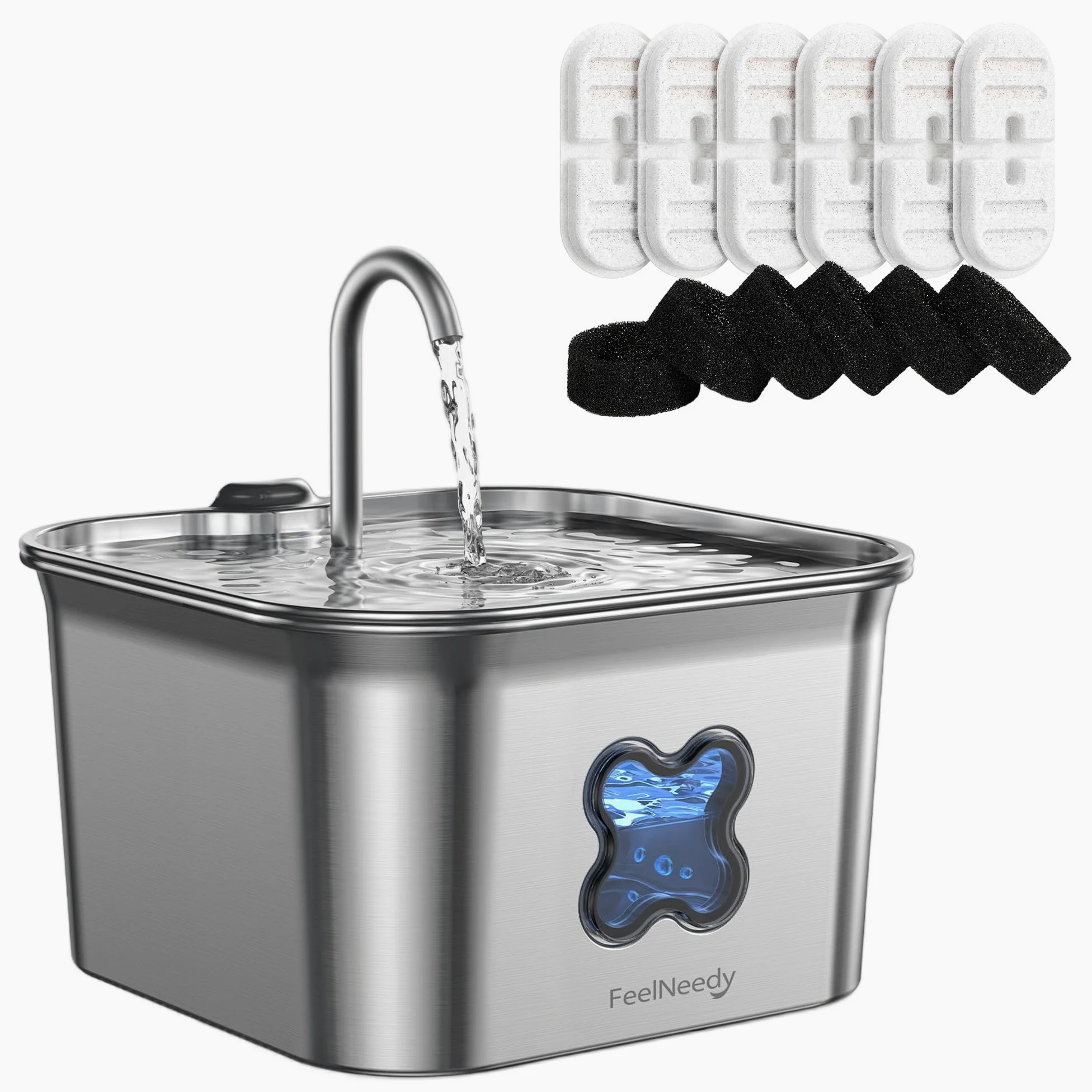 FEELNEEDY Fontaine a Eau Chat INOX 2,8L avec 6 Packs de Filtres et 6 Packs d'Éponges de Remplacement