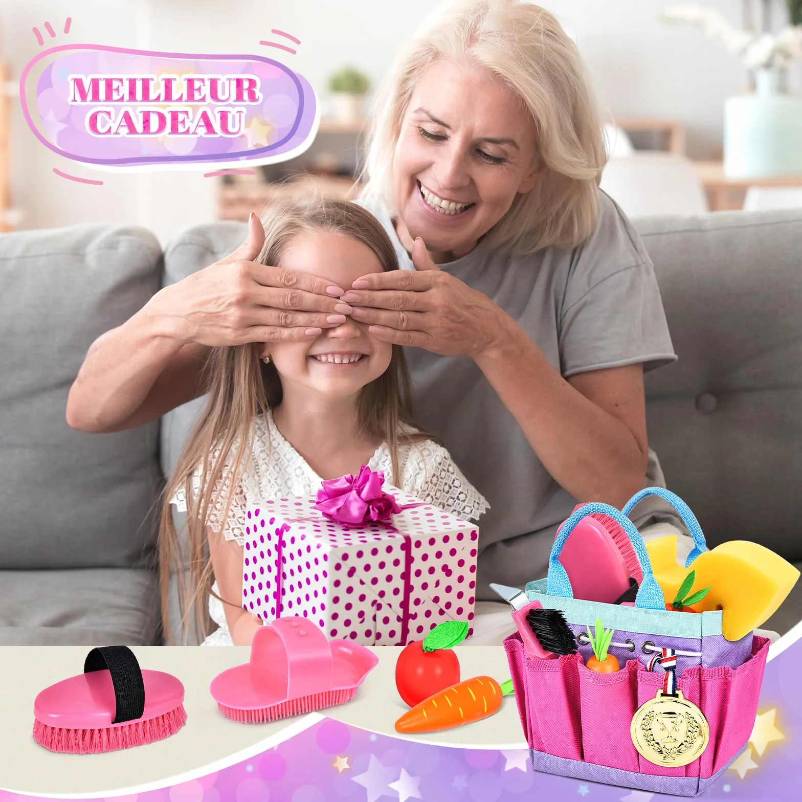 Set de Pansage Cheval Jouet Accessoires Enfants avec Brosse de Massage et Grattoir à Sabot