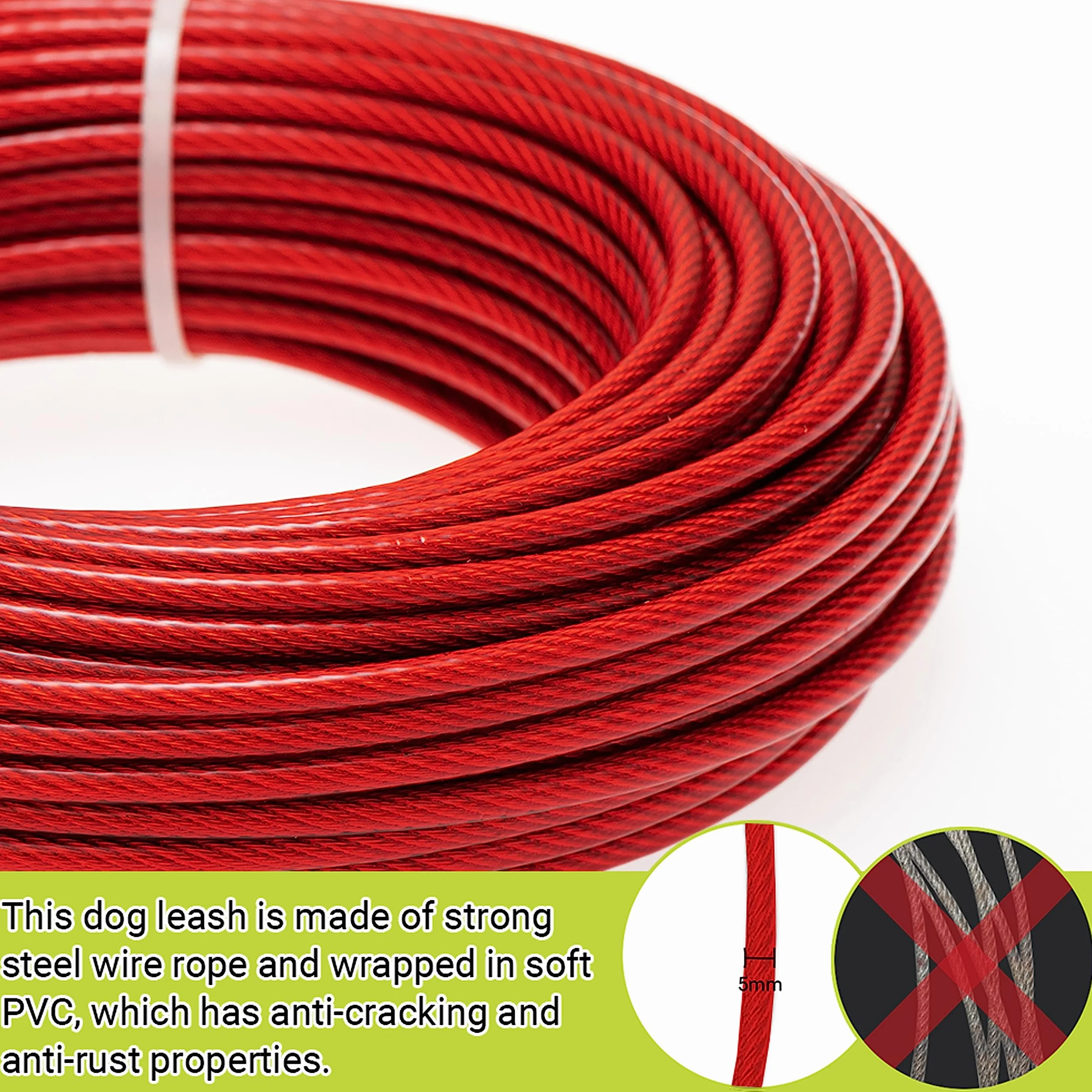 Câble d'attache pour chien 30,5 m long avec câble de course 3 m anti-mastication robuste extérieur