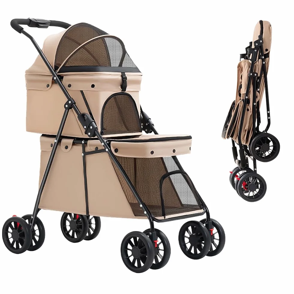 Poussette pour Chien Double Couche Pliable 50x67x95 cm avec Freins et Ventilation Marron