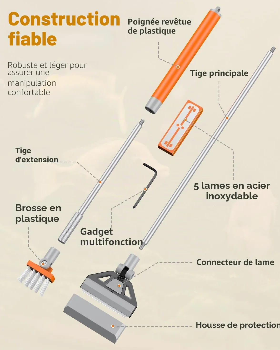 Pawfly Grattoir à Algues pour Aquarium 2 en 1, 66cm Nettoyeur Vitre avec Brosse & 5 Lames Acier Inoxydable