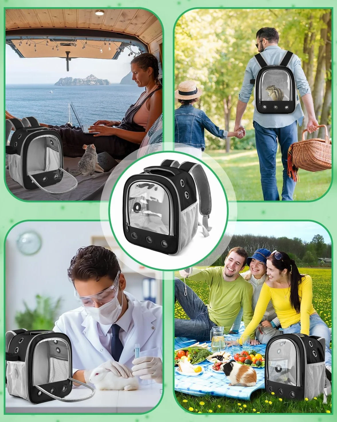 Sac à dos pour cochon d'Inde - Sac de voyage portable pour petits animaux avec porte-bouteille et support amovible noir