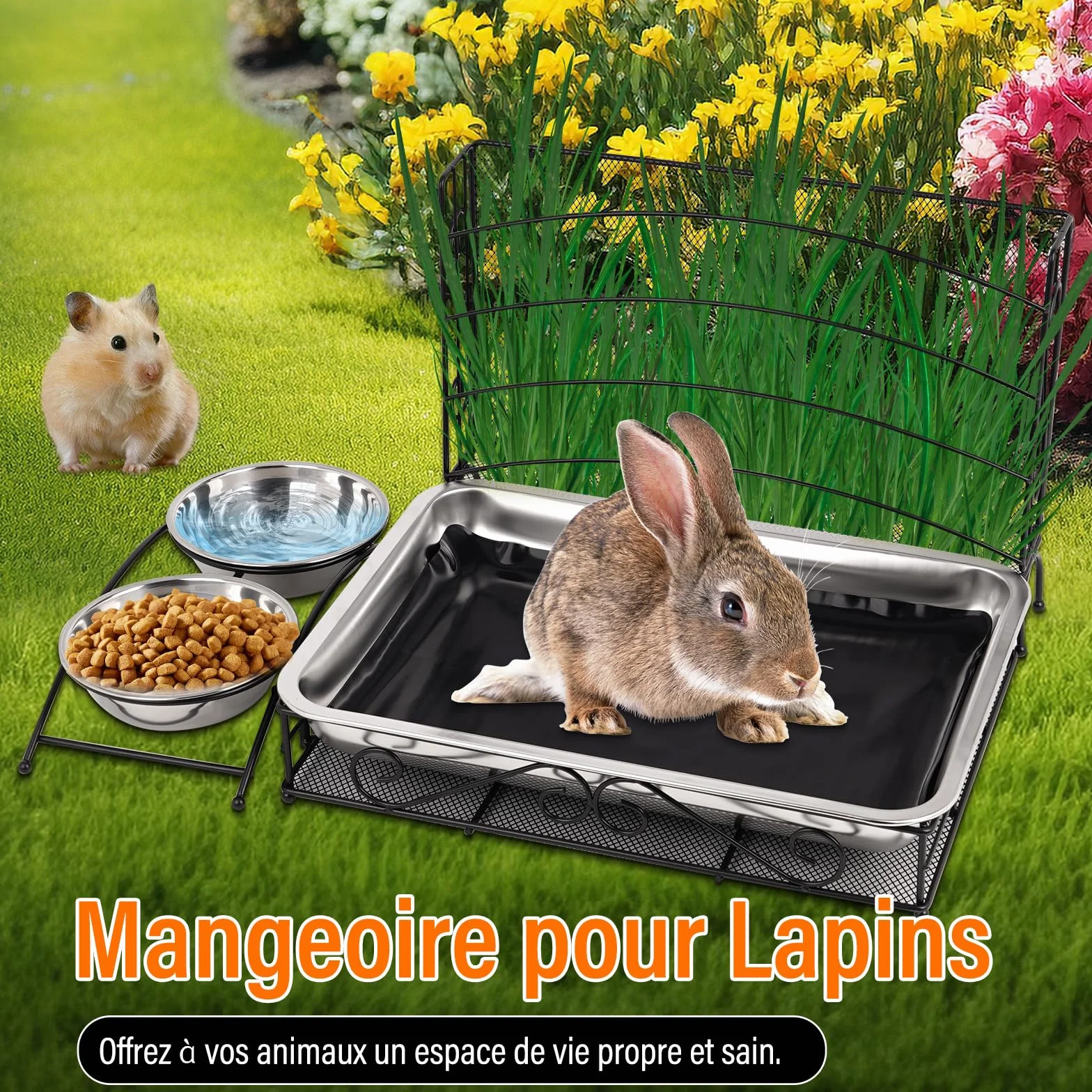 Mangeoire à Foin Pour Lapin 3-en-1 Avec Tapis Imperméable et Bol d'Eau