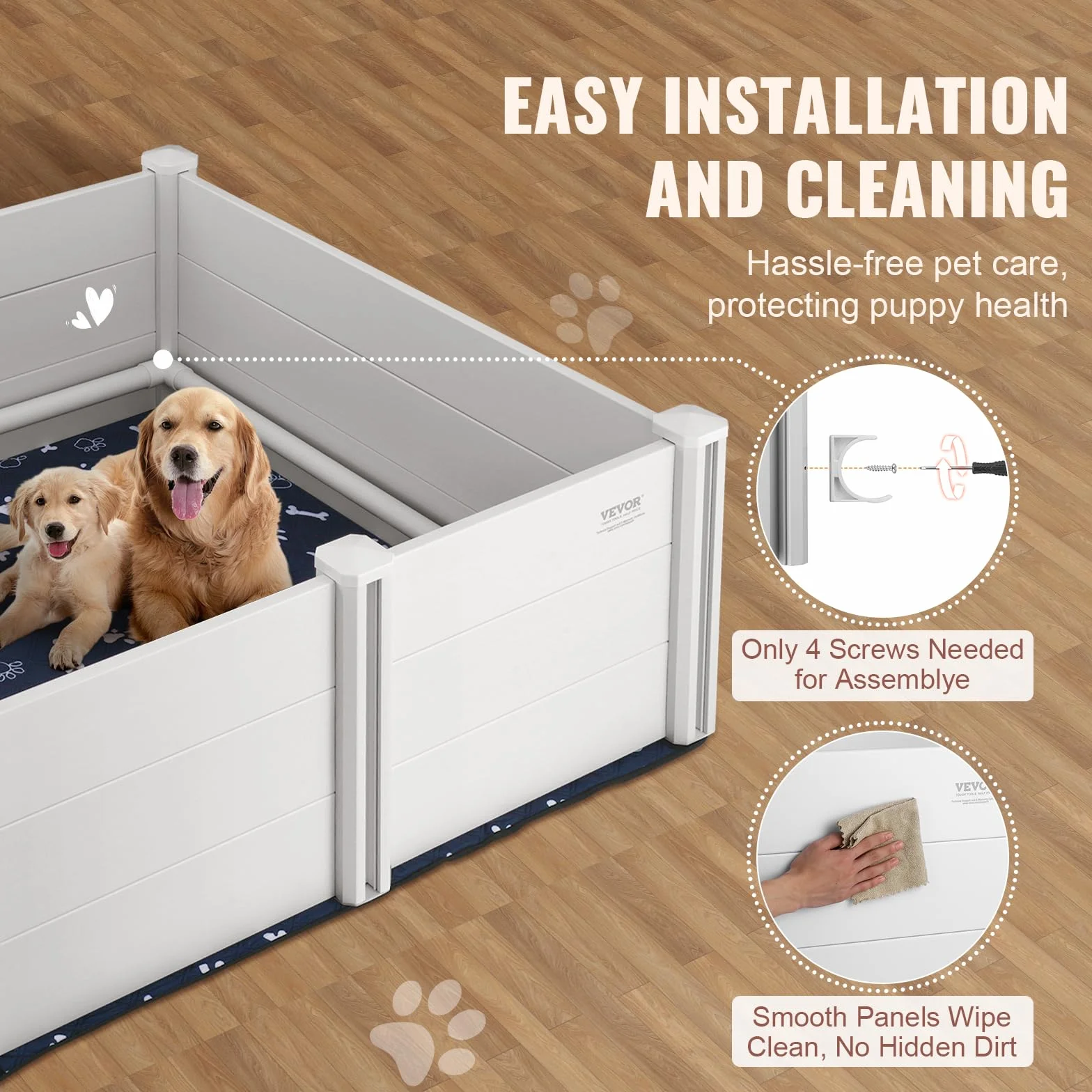 VEVOR Parc de Mise Bas pour Chien 122x122x46 cm Caisse de Mise Bas avec Rails Tapis de Pipi Lavable Blanc