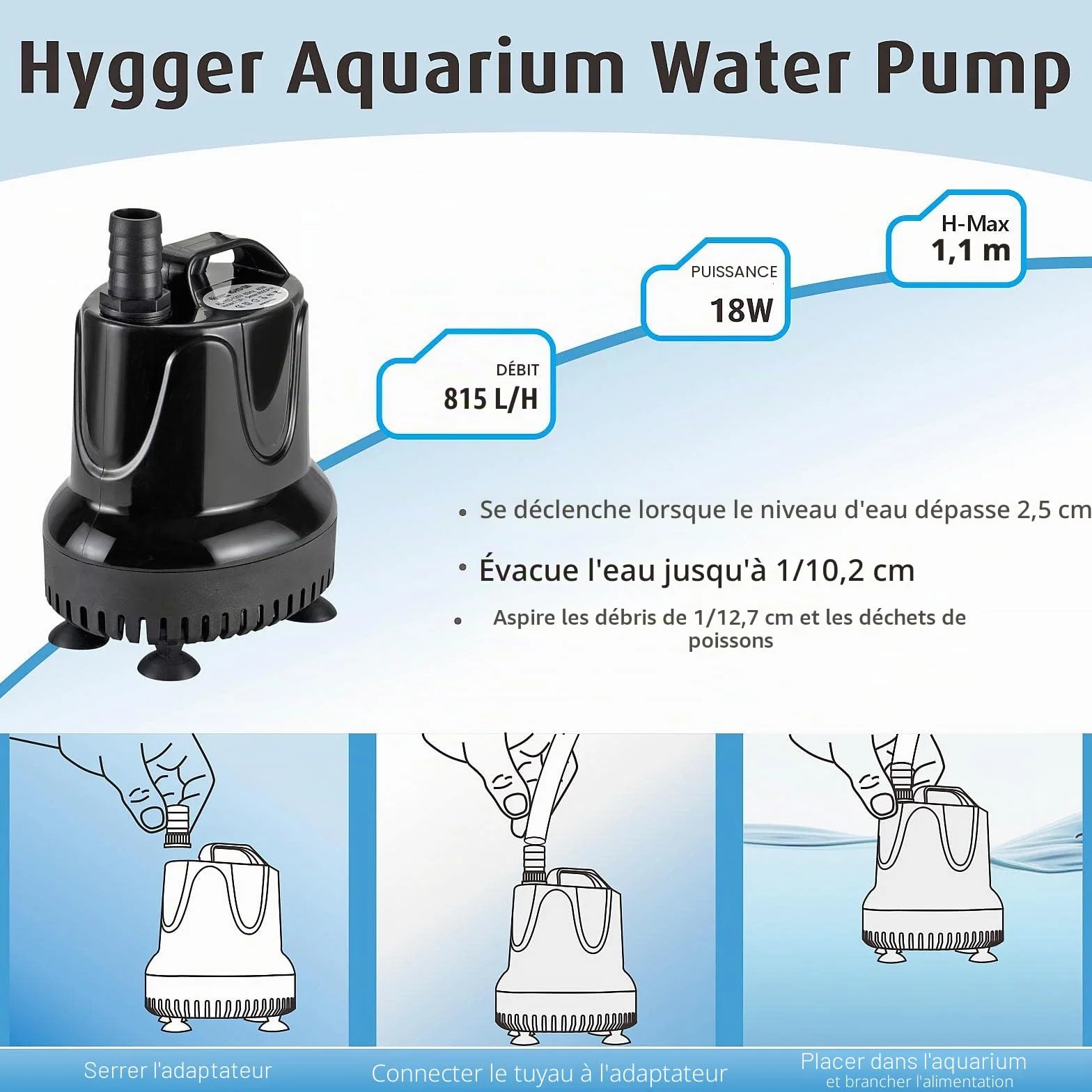 Hygger Pompe à eau Pour Aquarium 800 L/H 18W Silencieuse Submersible