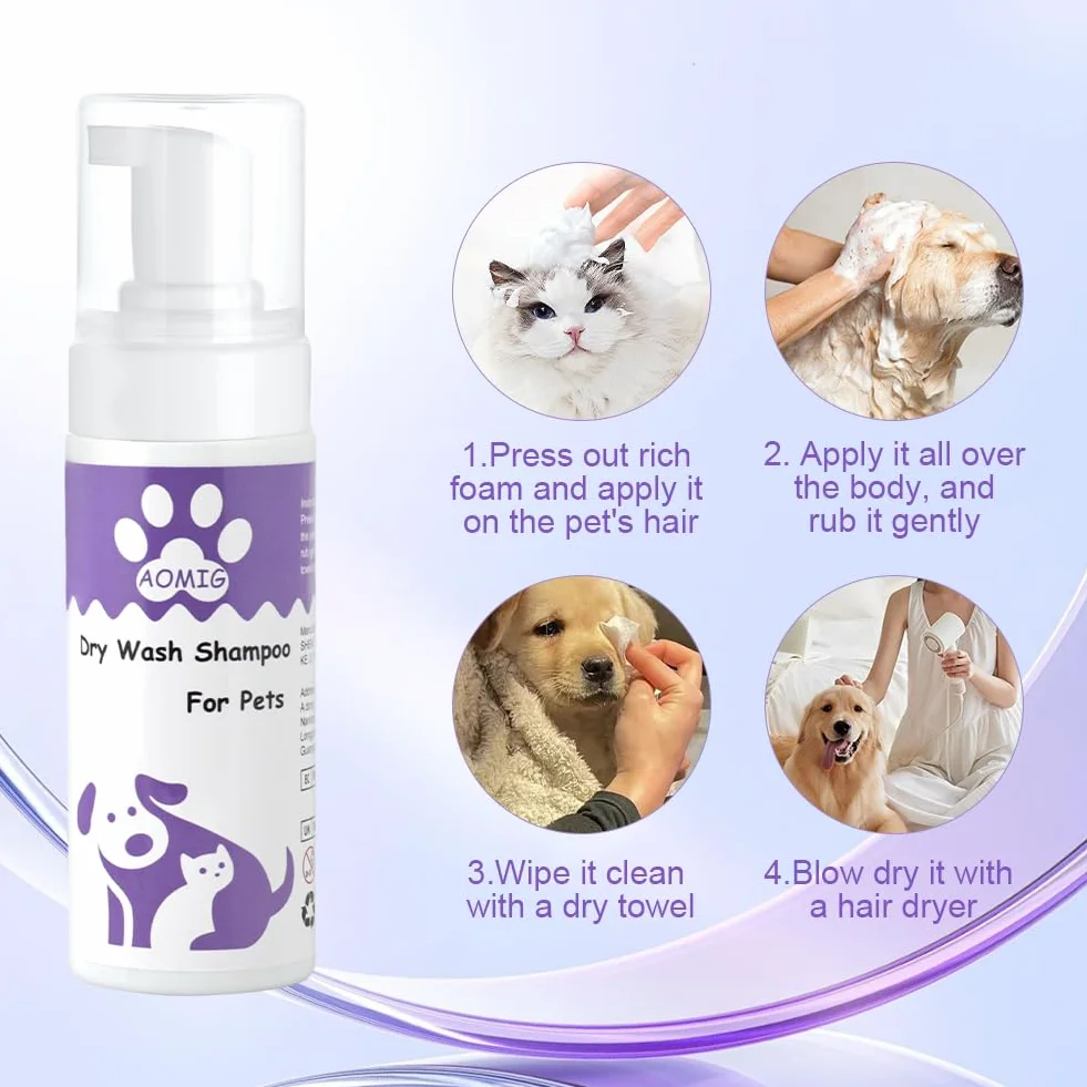 Aomig Shampoing Sec Chat Chien 150ml sans Rinçage Nettoyage Profondeur Poil Brillant Naturel