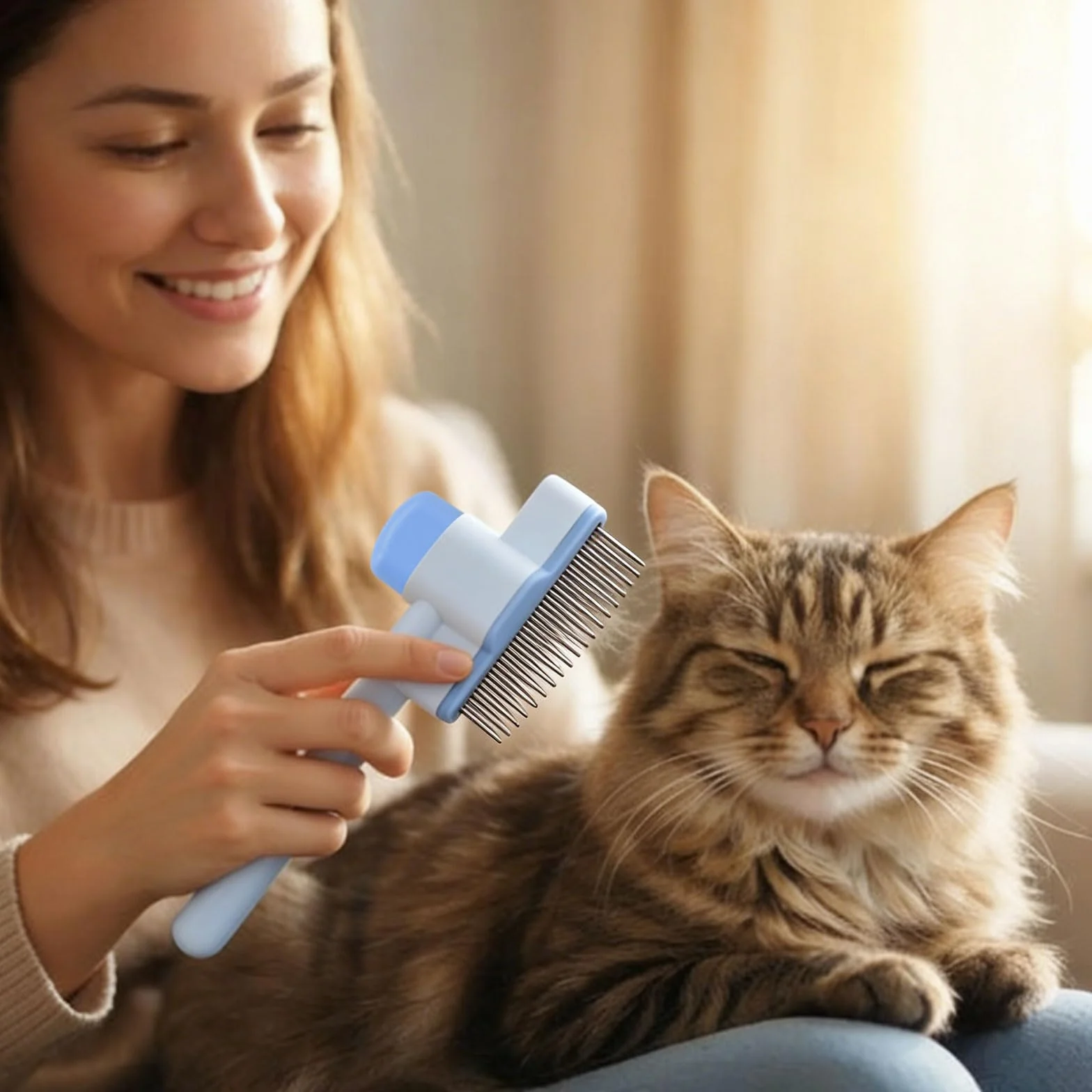 Brosse Poil Chat Peigne Anti Puces Acier Inoxydable pour Chats et Chiens Brosse Autonettoyante