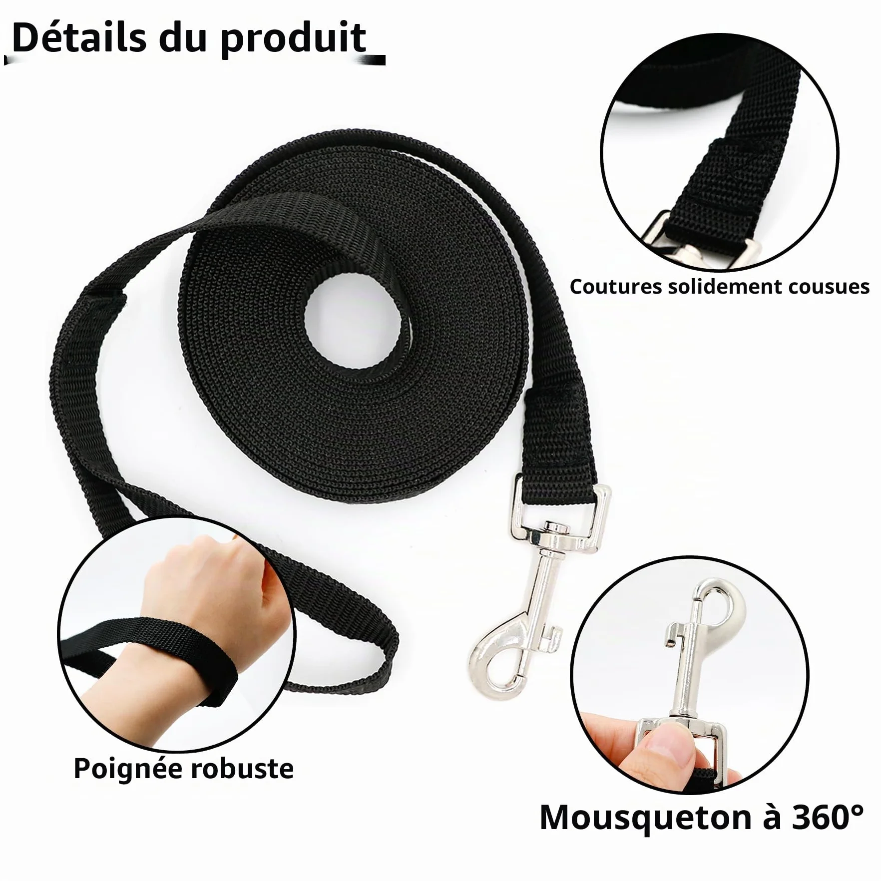Laisse pour chien 5 m de CiciIng, Laisse imperméable avec dragonne et mousqueton à 360°, Laisse robuste pour l'entraînement pour chiens de petite, moyenne et grande taille