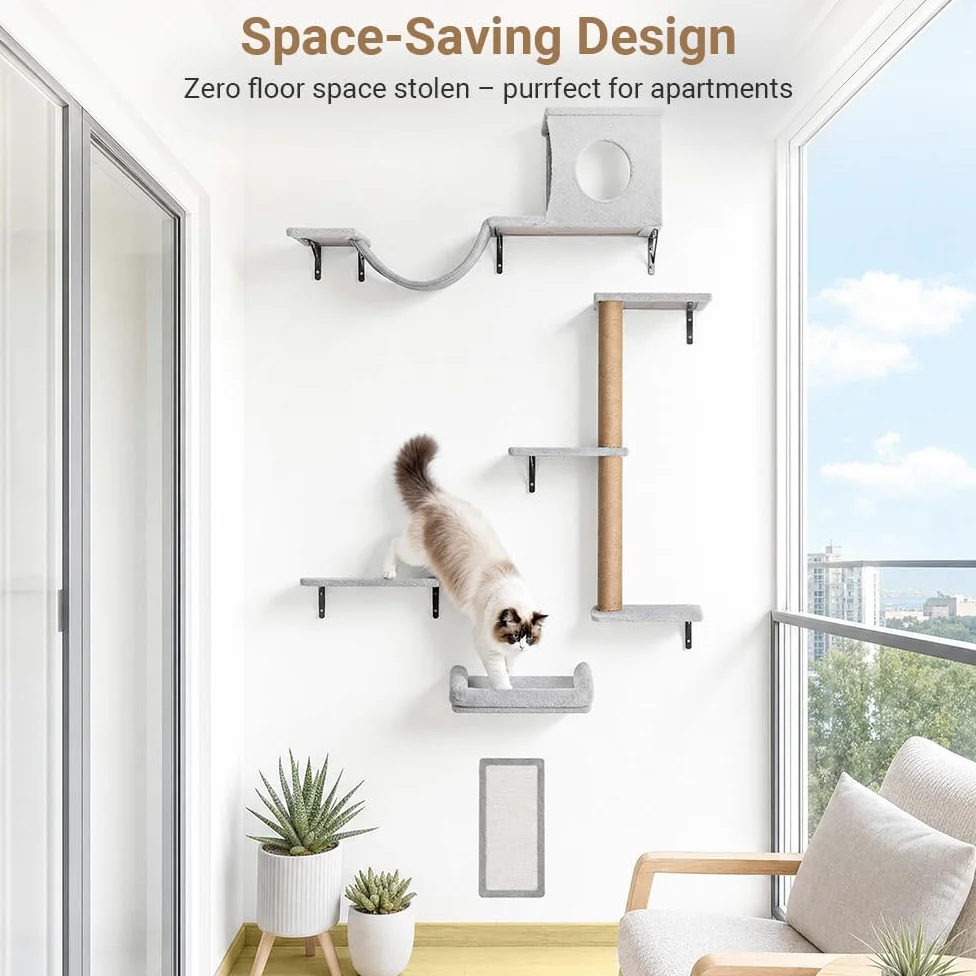 PawGiant Ensemble de mur d'escalade 5 en 1 pour chat, éléments muraux en bois, gris clair | Ensemble mural stable pour chat avec arbre à chat, planche à chat, niche, pont suspendu et repos, jusqu'à 18 kg