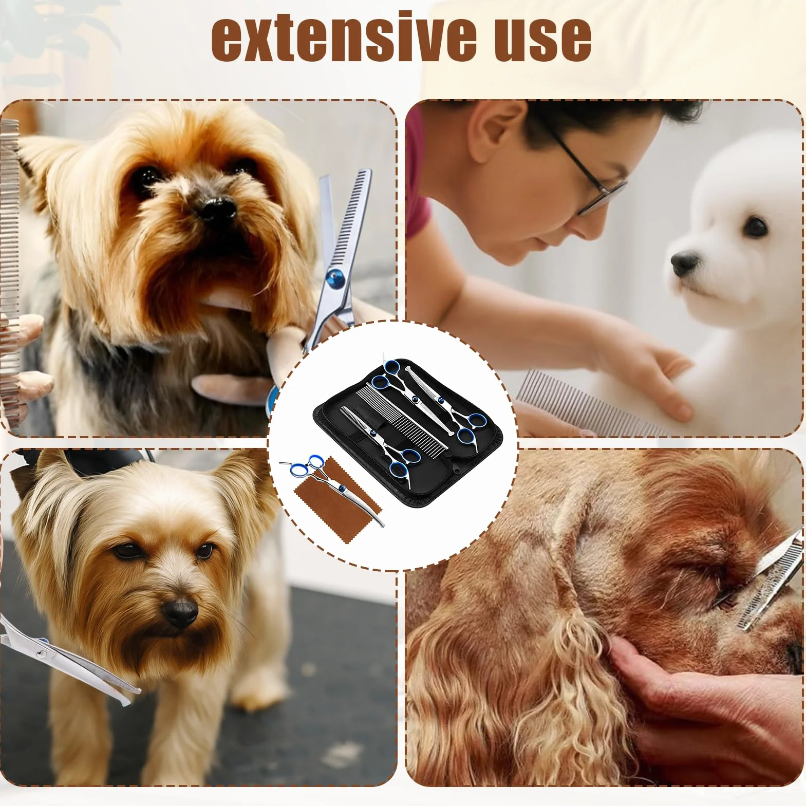 Menibeuty Ciseaux Toilettage Chien Kit, Ciseauxs de Toilettage pour Chiens, Embouts de Sécurité Ronds y Compris Ciseaux à Effiler, Ciseaux Courbes,Ciseaux Droits,Peigne,Ciseauxs Chien Toilettages Bleu