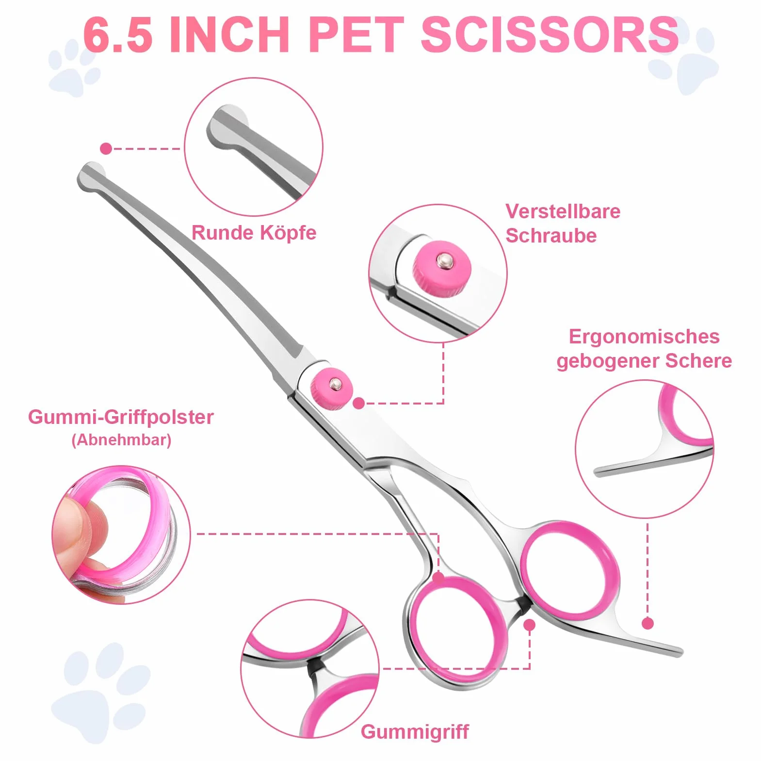 Jostift Ciseaux de toilettage pour chien et chat - Ciseaux incurvés - Ciseaux ronds professionnels - Ciseaux de toilettage pour chat et autres animaux de compagnie - Rose