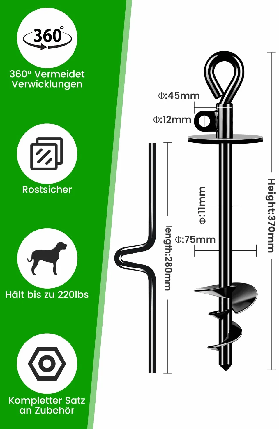 Piquet Chien Exterieur Pro 100 KG, Piquet Ancrage Système Antirouille Rotation 360°, Ancrage au Sol pour Cour Camping Plage