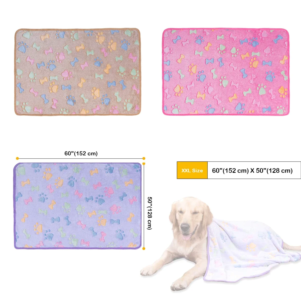 Dono 1 lot de 3 couvertures pour chiens de grande taille, 152,4 x 127 cm, couverture polaire super douce et moelleuse avec imprimé os de pattes, couverture pour grands chiens, couverture douce pour
