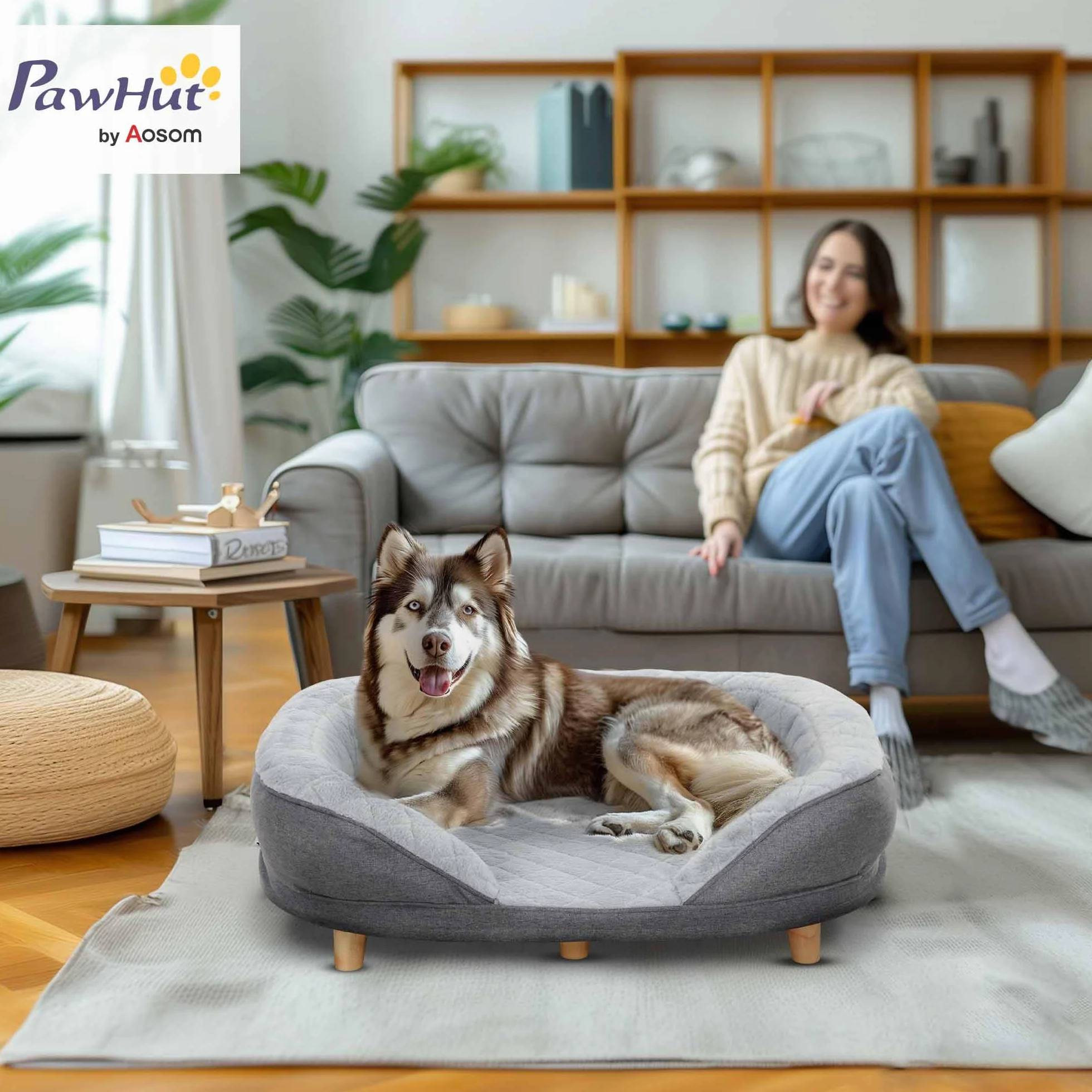 PawHut Canapé pour Chien Housse Lavable Dossier Pieds en Bois Gris 25 kg
