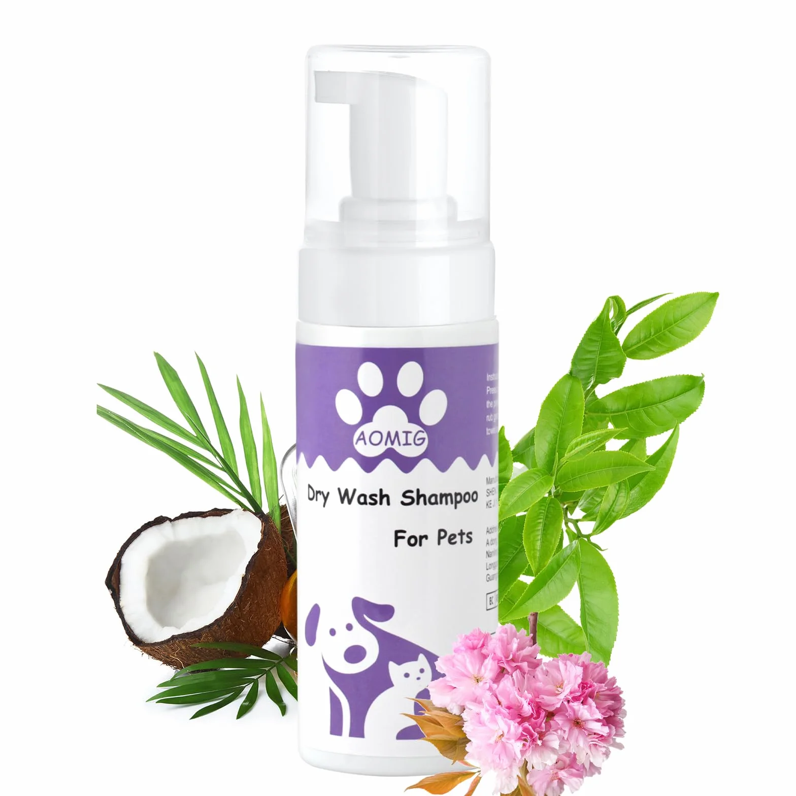 Aomig Shampoing Sec Chat Chien 150ml sans Rinçage Nettoyage Profondeur Poil Brillant Naturel