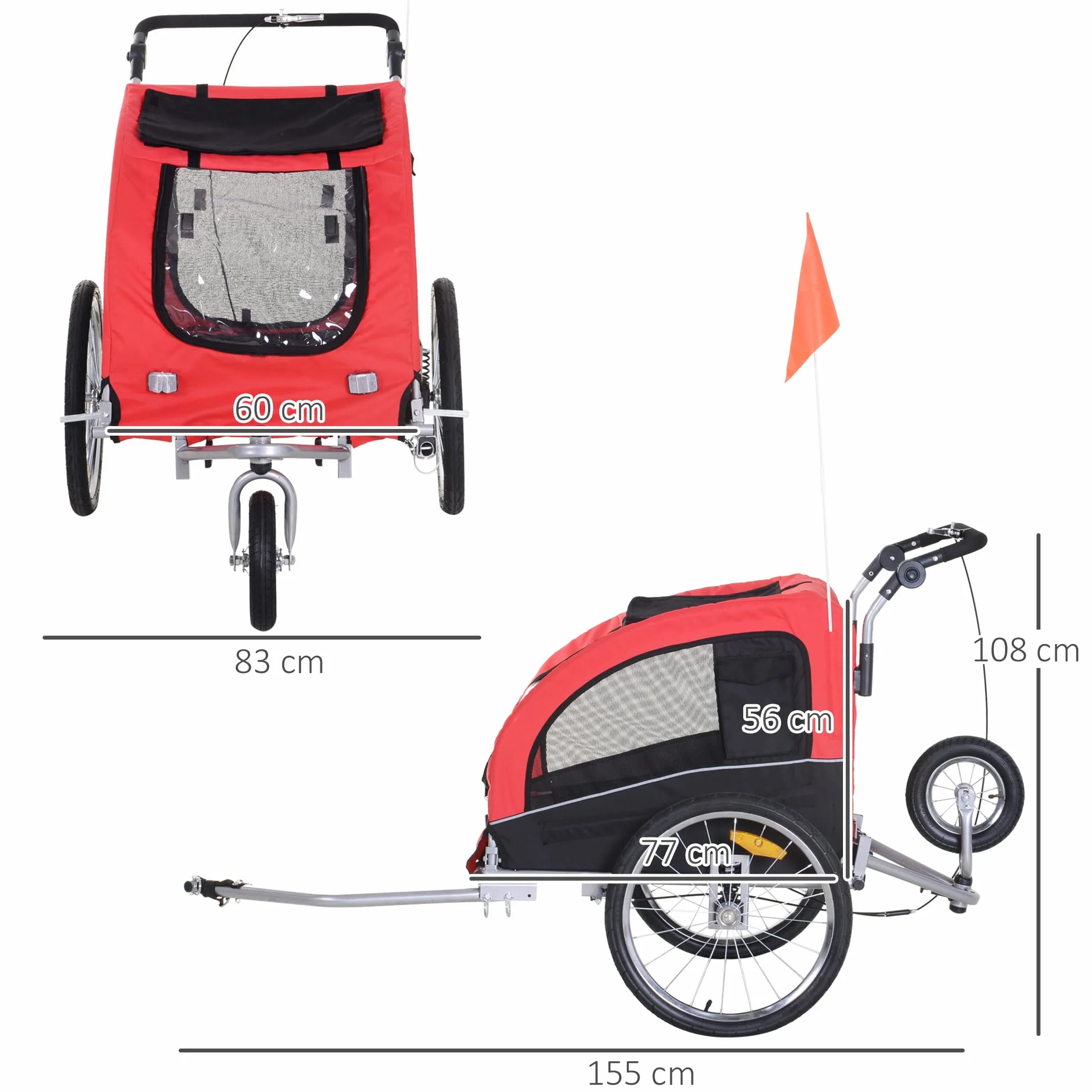 HOMCOM Remorque vélo Jogger 2 en 1 pour Animaux, Roue Avant pivotante, Réflecteurs, Barre d'attelage, Rouge Noir