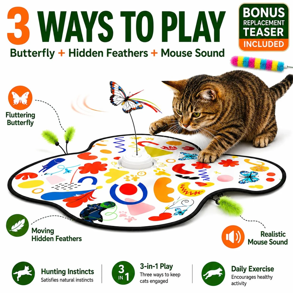 Pet's Var Jouets interactifs pour chats d'intérieur – Jouet pour chat à activation automatique du mouvement avec baguette mobile, son de papillon et de souris, jouet d'exercice rechargeable pour chats