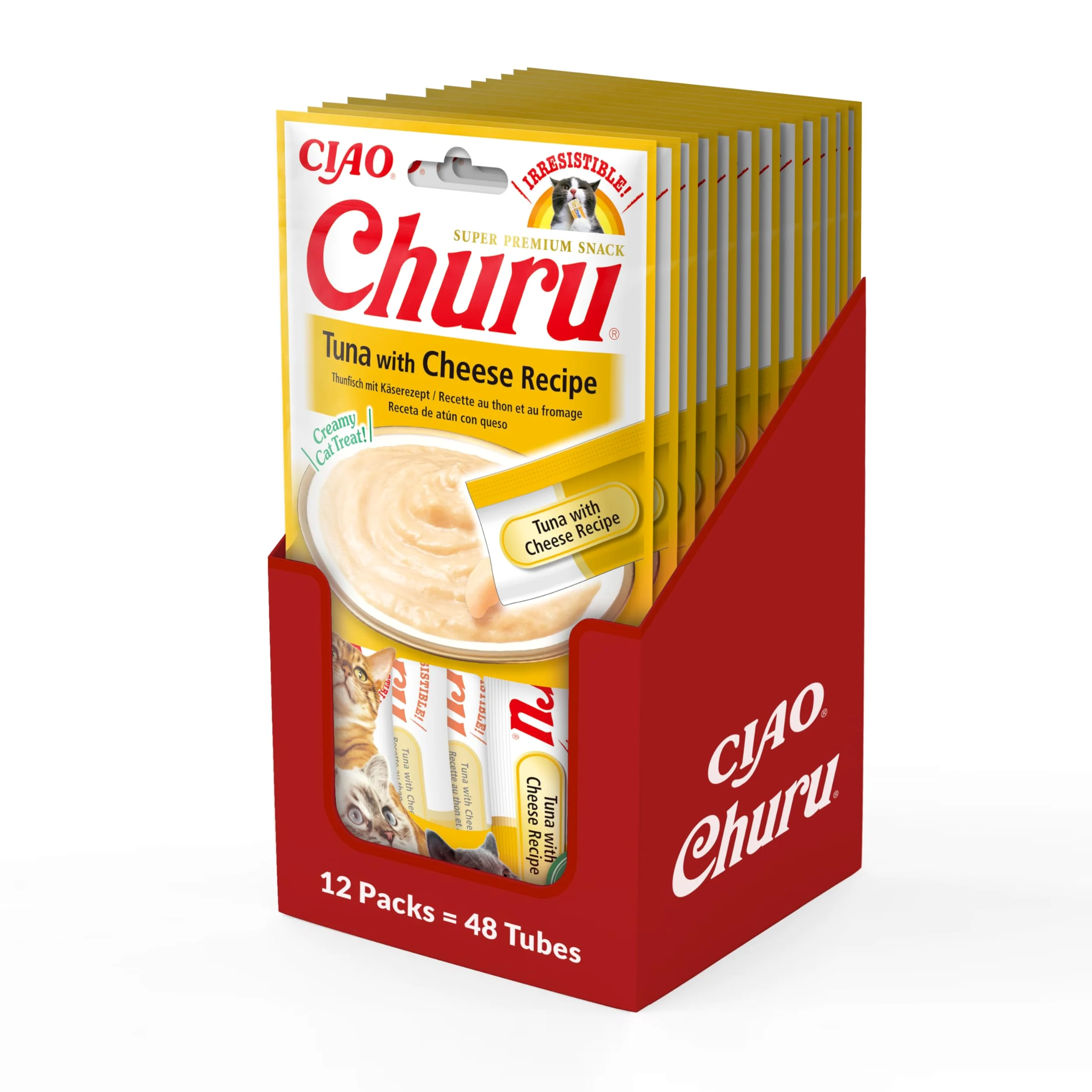 Ciao Churu Sticks by INABA Cat Treat - Tuna & Cheese Flavour 12 Pack (48 x 14g) / Soft & Creamy Cat Treat, Delicious & Healthy Snack, Squeezable Purée Food Topper, Pill Assist, Natural, Grain Free
