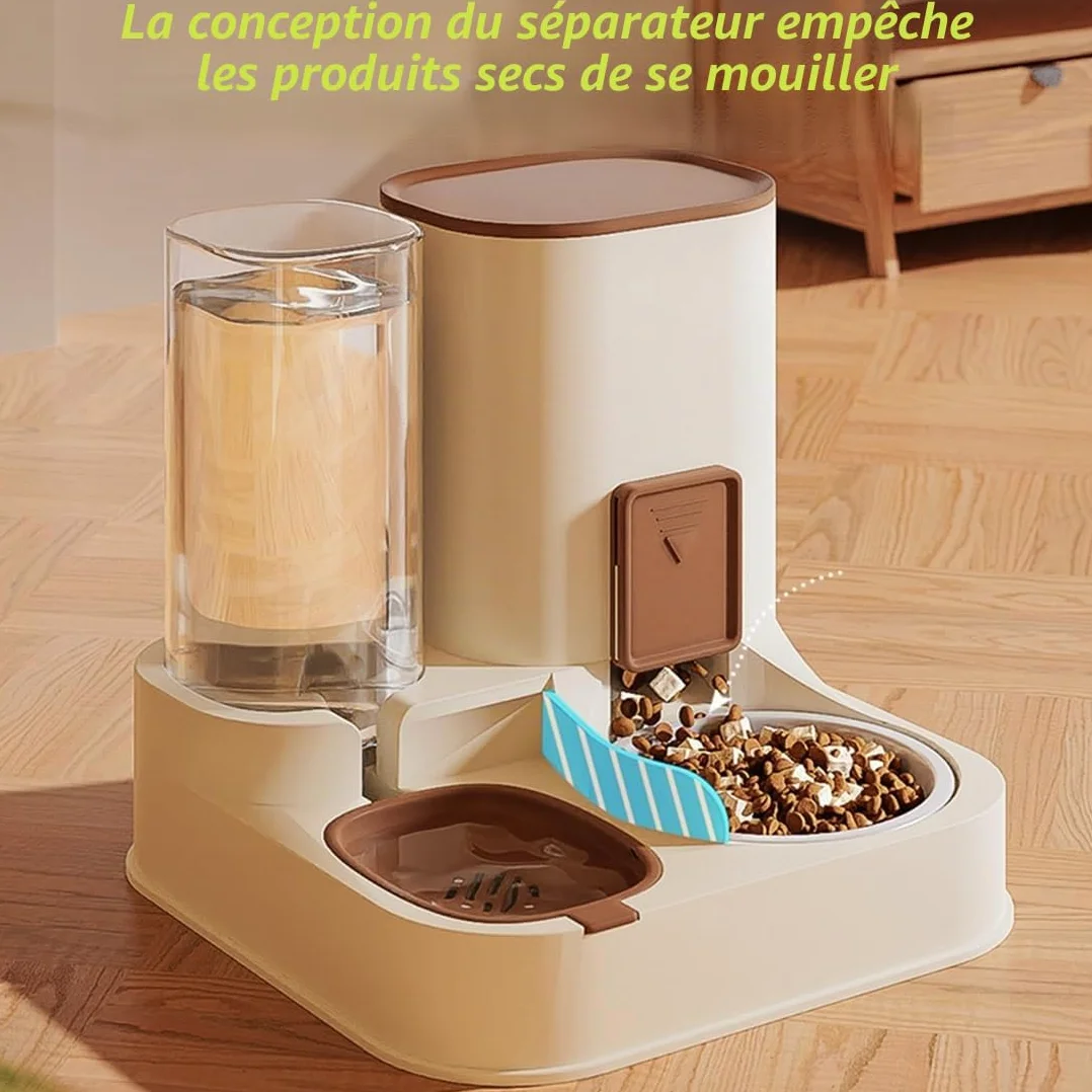 Distributeur de Nourriture Automatique 2 en 1 pour Chiens Chats, avec Bac Eau et Rabat Réglable