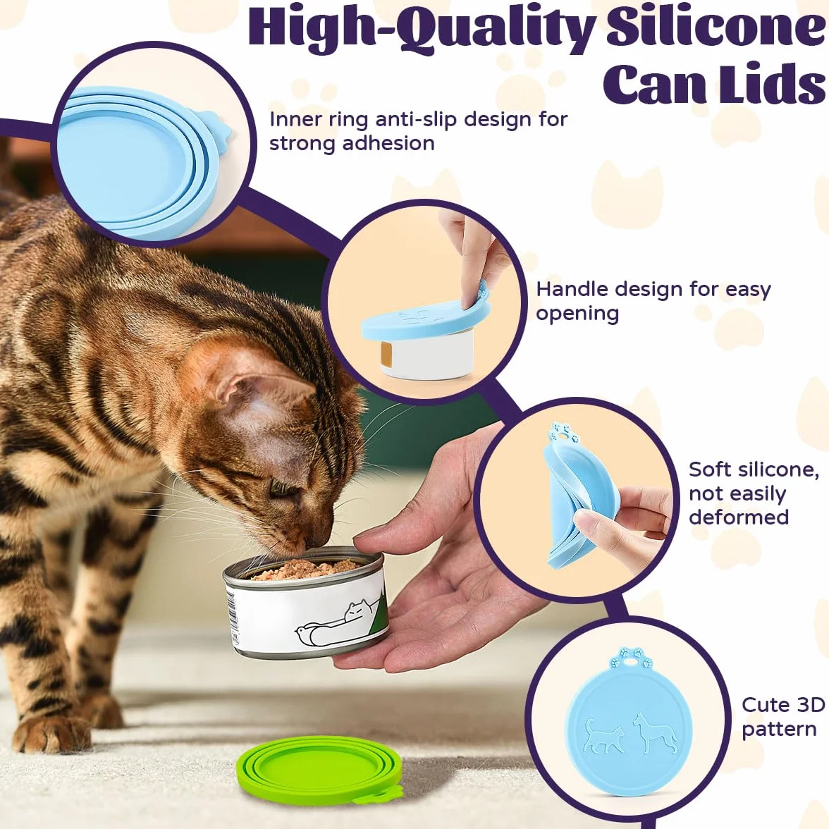 Lot De 6 Couvercles De Boîte De Nourriture pour Chat avec 6 Cuillères en Silicone 70g 85g 200g 400g