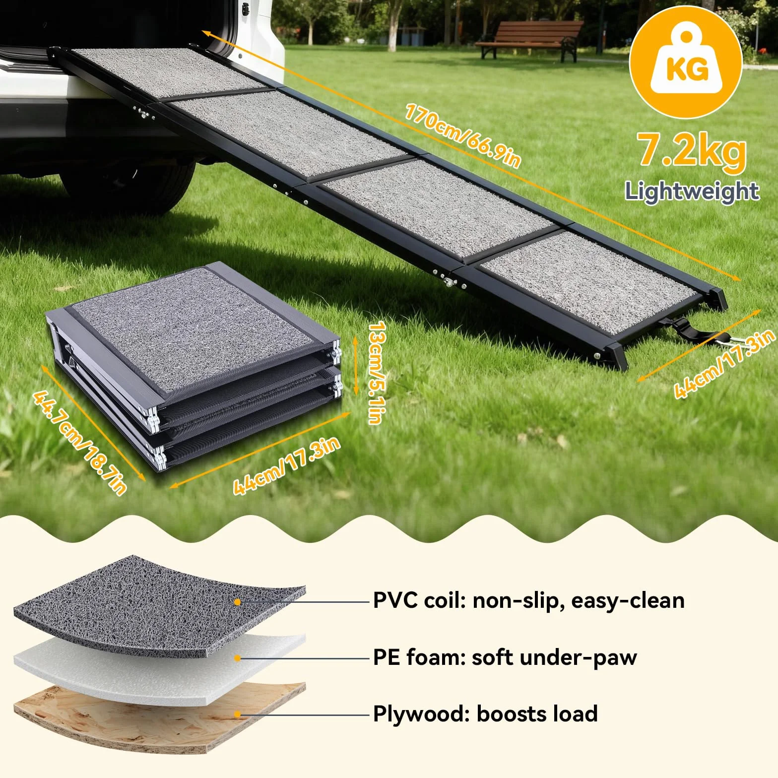 Rampe pour Chien Voiture 170×44 cm Pliable Capacité 70KG Antidérapante Escalier d'Accès