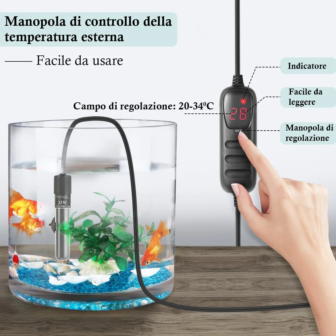 Mini Chauffage pour Aquarium, 25W 50W 100W Petit Chauffage Submersible pour Aquarium avec Contrôleur Externe pour Bassins à Poissons et Tortues de 3 à 100L (25W pour 3 à 20L)