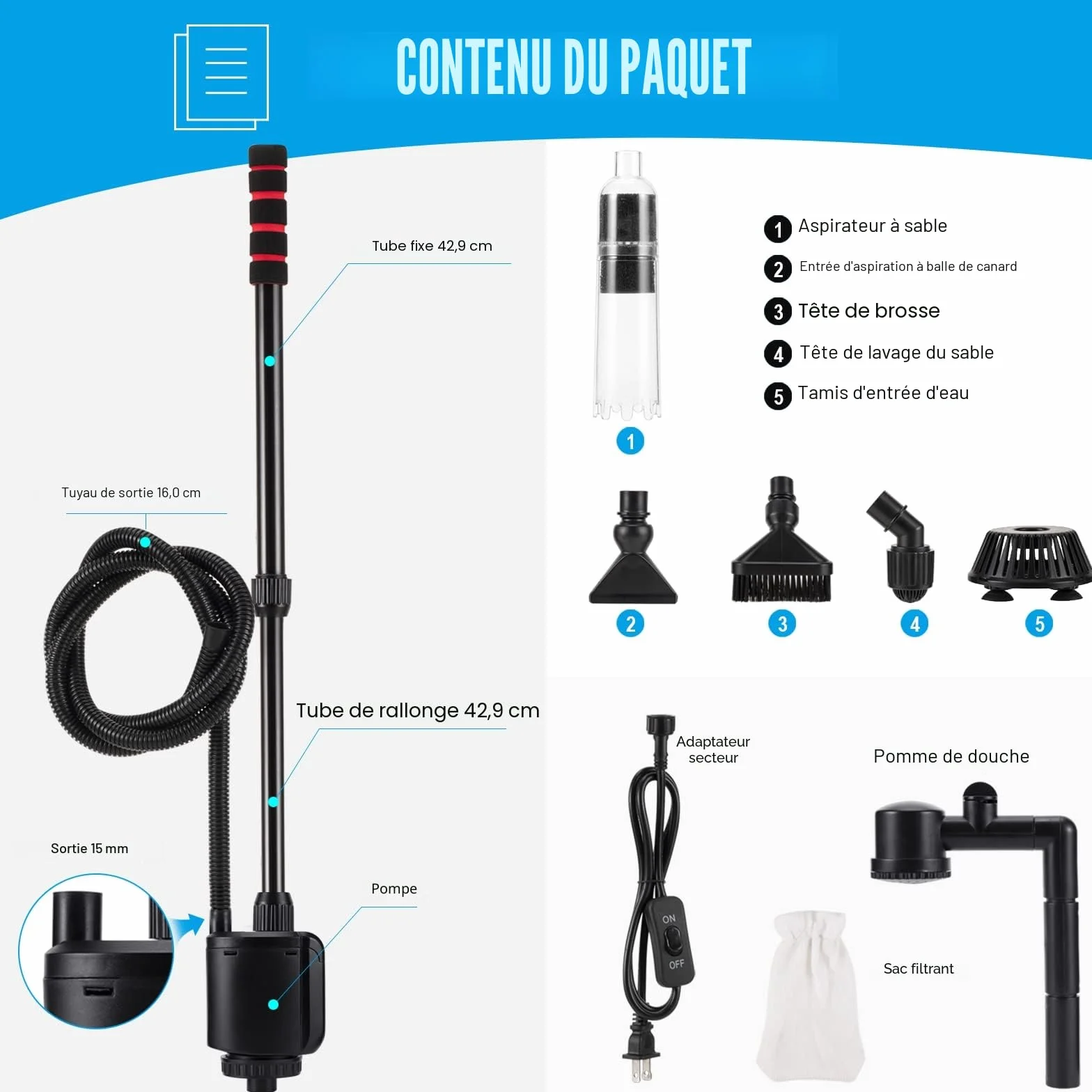AQQA Nettoyeur électrique pour Aquarium,6en1Aspirateur Automatique pour Aquarium,Aspirateur de Gravier Électrique,Changeur d'eau Laveur