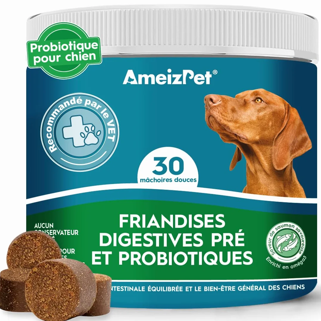 AmeizPet Dog Pré et Probiotiques pour Santé Intestinale, Biscuits Probiotiques Naturels Chien - Friandises Digestives, 30 Friandises