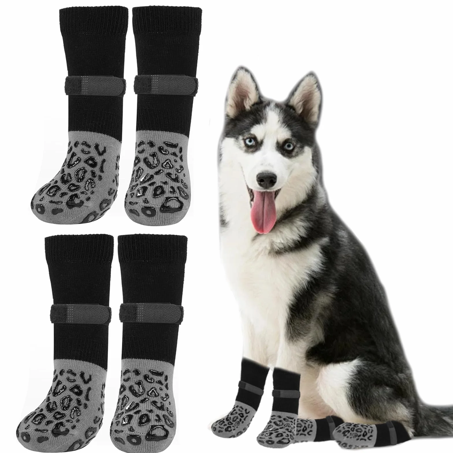 Chaussettes pour Chien Antidérapantes 2 Paires avec Bande Auto Réglable Protection Pattes Intérieur Extérieur (M)
