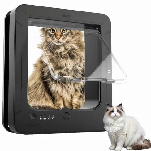 Chatière automatique pour chat avec capteur RFID, verrouillage à 4 voies, télécommande, joint résistant aux intempéries pour chats et petits chiens, 29,5 x 25,4 cm, noir