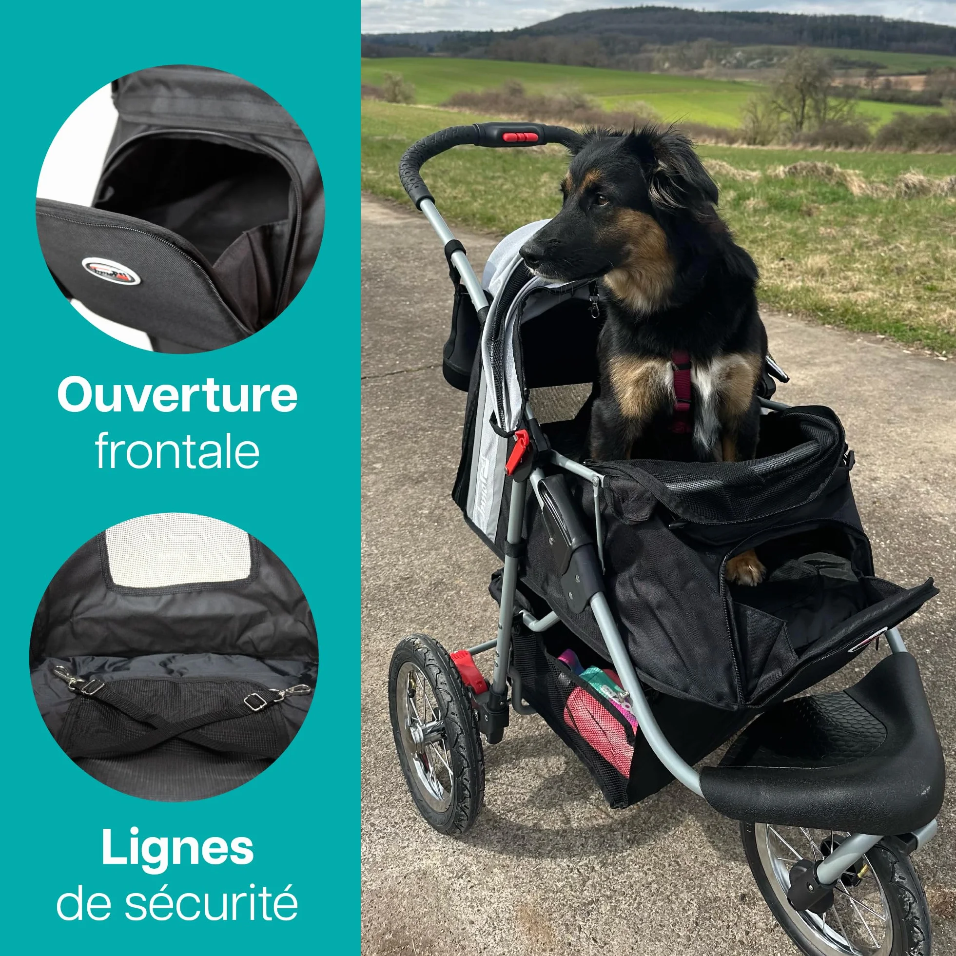 Poussette Innopet Comfort Air Eco pour chiens et chats, noir/argent - 12 pouces pneus pneumatiques - Pliable une main - Organiseur - Tissu nylon recyclé