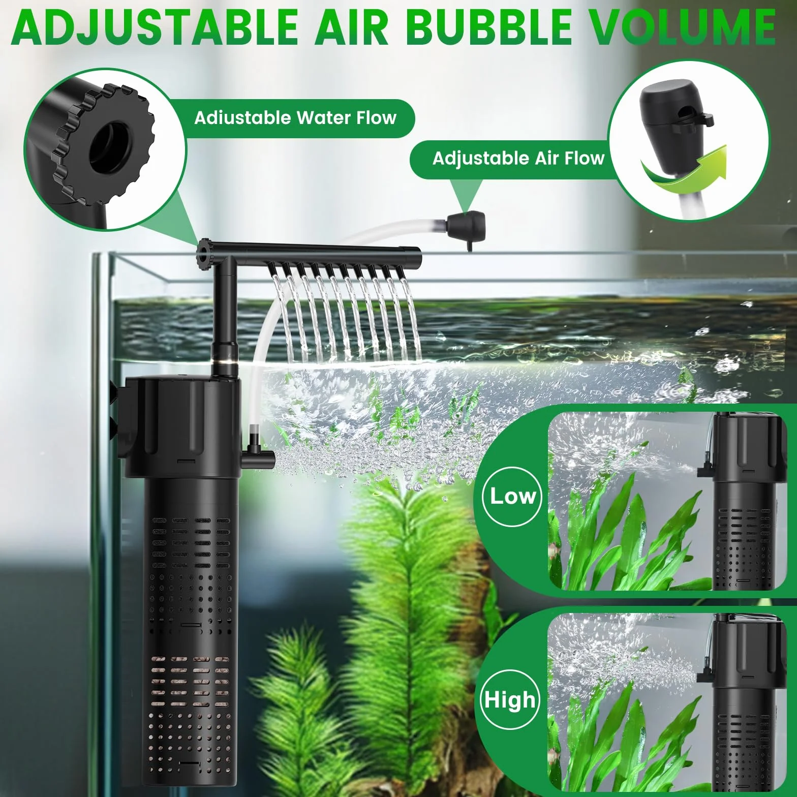 hygger Aquarium Filter 300L/H 5W Adjustable Fish Tank Filter Pump with Rainfall Aeration for 15-55L Tanks